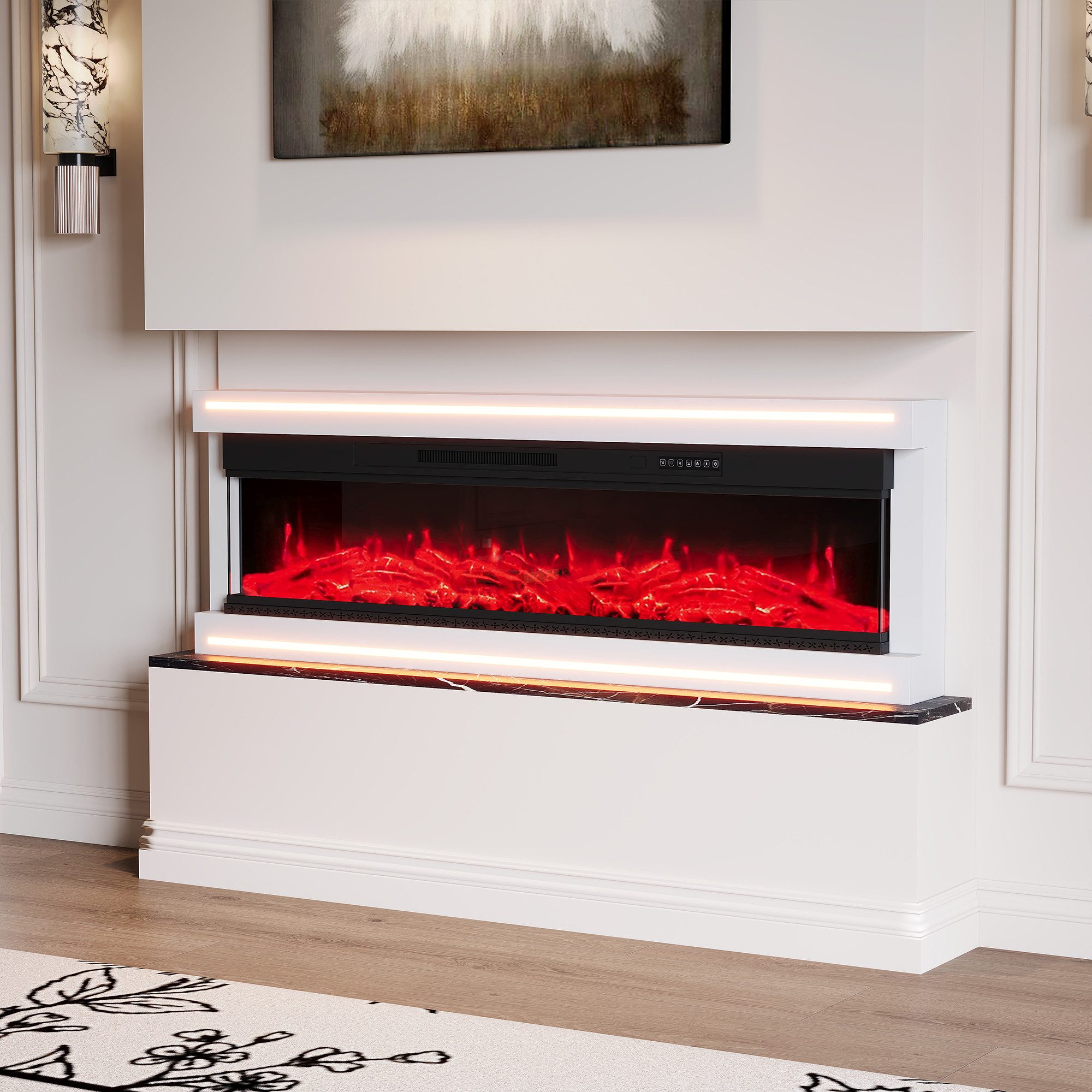 BELUPAI Elektrokamin Elektro-Wandkamin, 3D-Flammeneffekt mit LED-Lichtleiste, 750w/1500w zuschaltbar, 50 Zoll Hochglanz-Wandschrank