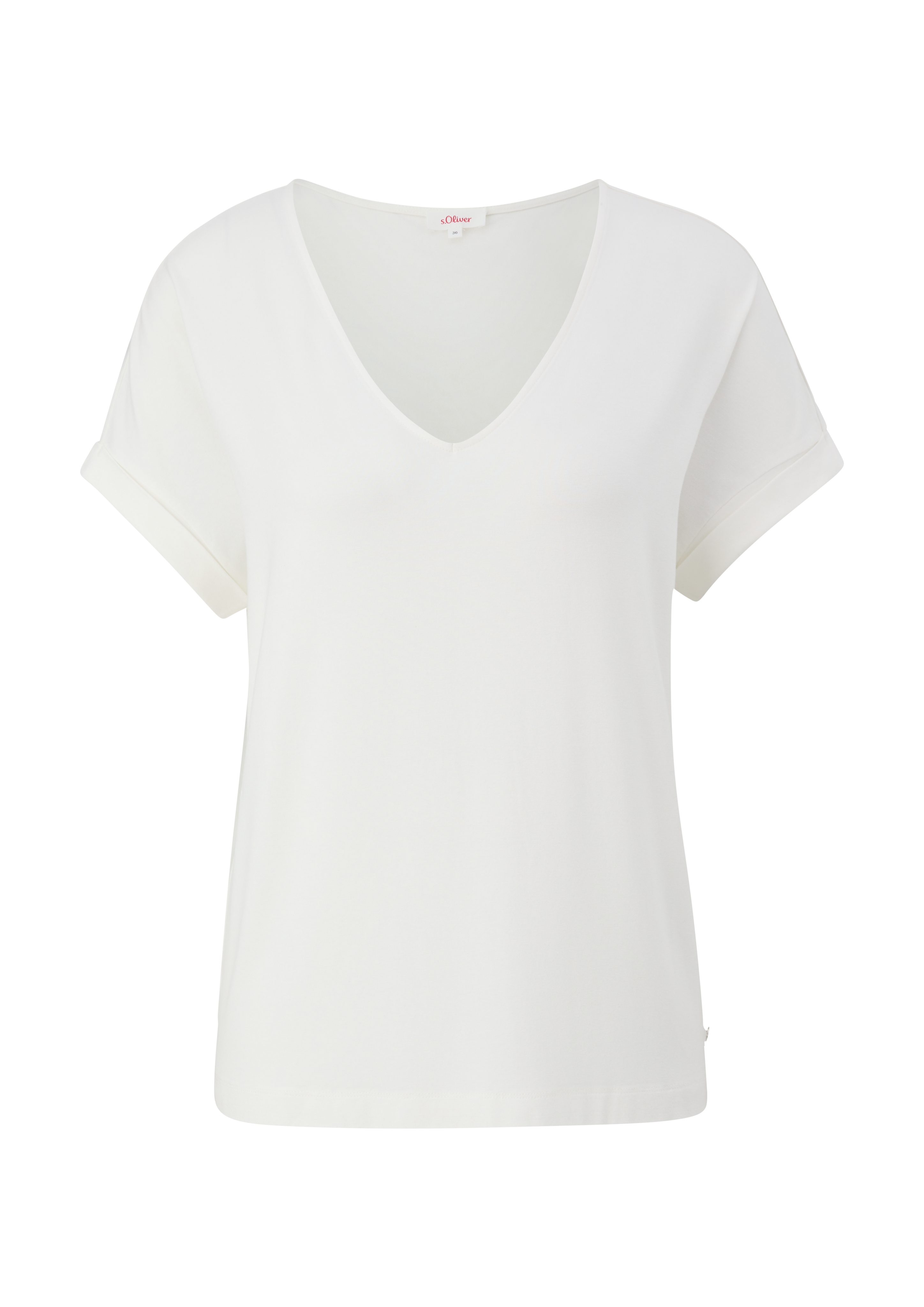 Logo Loose T-Shirt Kurzarmshirt ecru V-Ausschnitt Fit mit s.Oliver