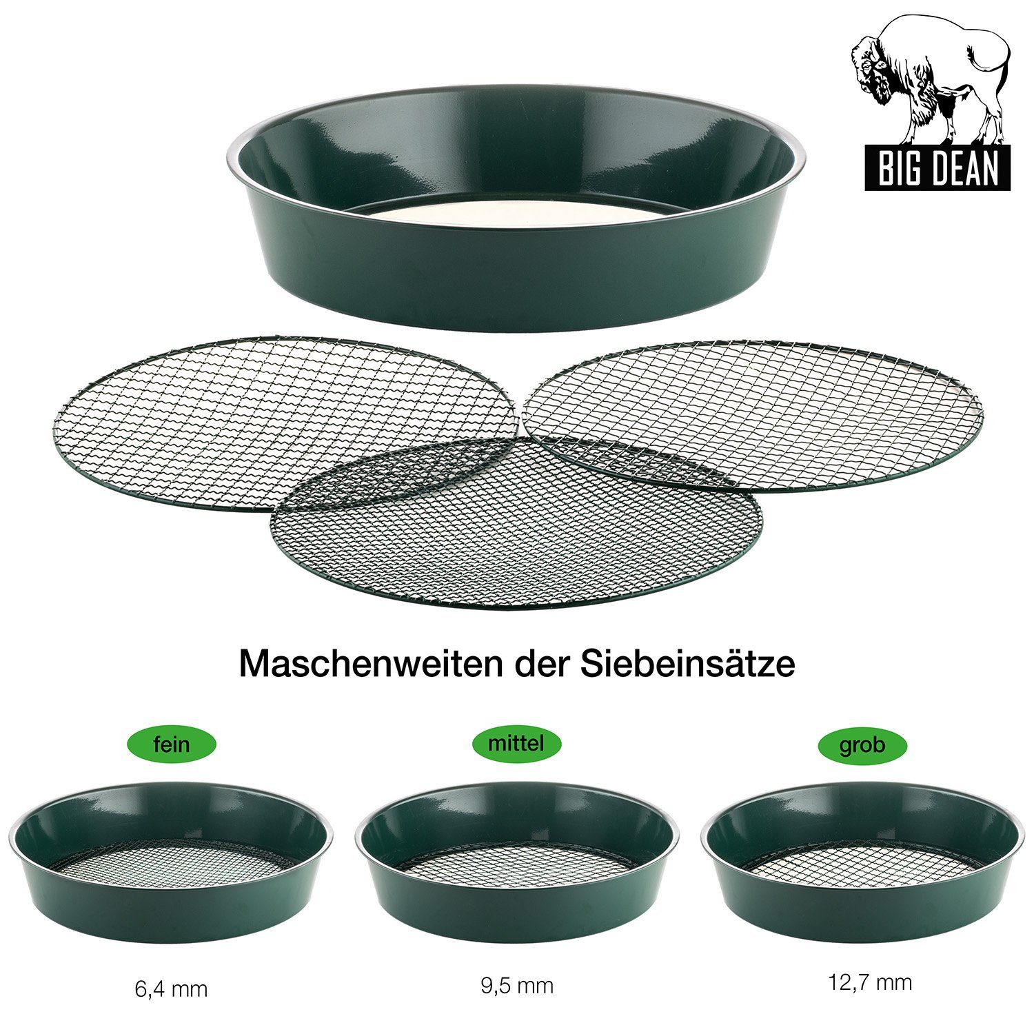 BigDean Gartensieb Metall fein bis grob inkl. 3 austauschbarer Siebeinsätze Erdsieb, Metall, (Set, 1-St., Gartensieb), Dreierlei Einsätze, Vielseitig Einsetzbar, Robustes Marterial