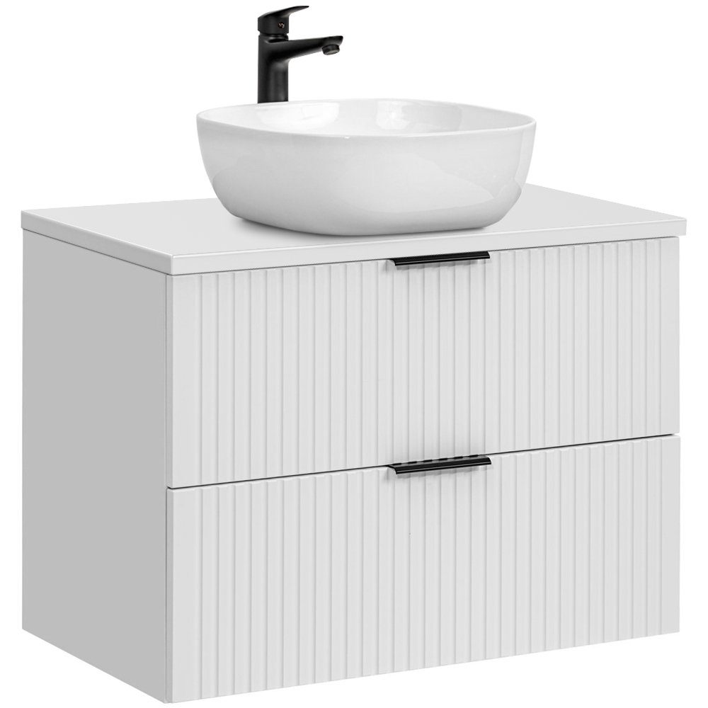 Lomadox Waschtisch ADELAIDE-56-WHITE, Waschtischunterschrank 80 cm matt weiß gerillt, Keramik Waschbecken
