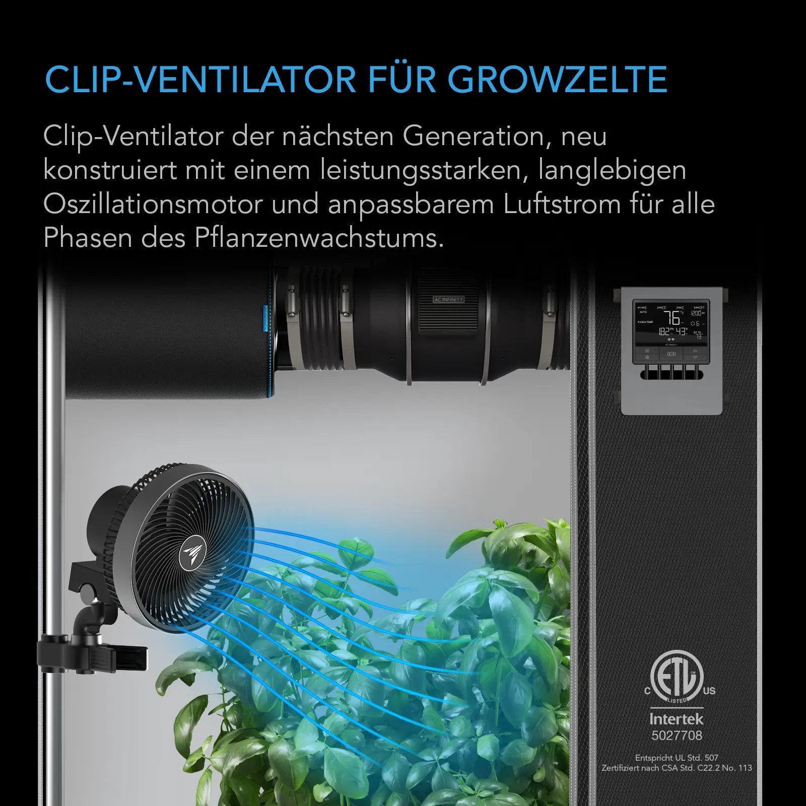 AC INFINITY Tischventilator AC Infinity CLOUDRAY Growzelt Clipventilator, 22,5 cm Durchmesser, S9 mit EC Motor und Oszillation