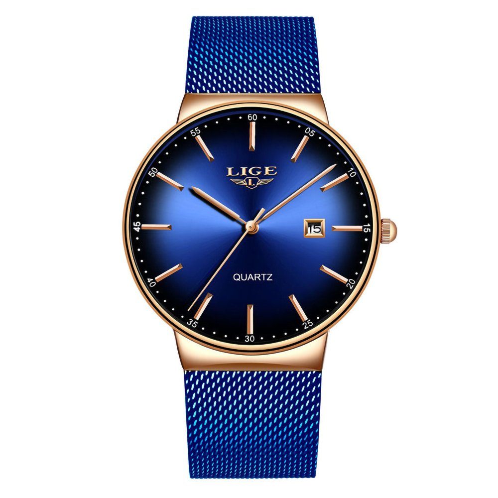 GelldG Uhr Blau wasserdichte Dünne Mode Armbanduhr analoge Mesh Minimalistisch Quarz