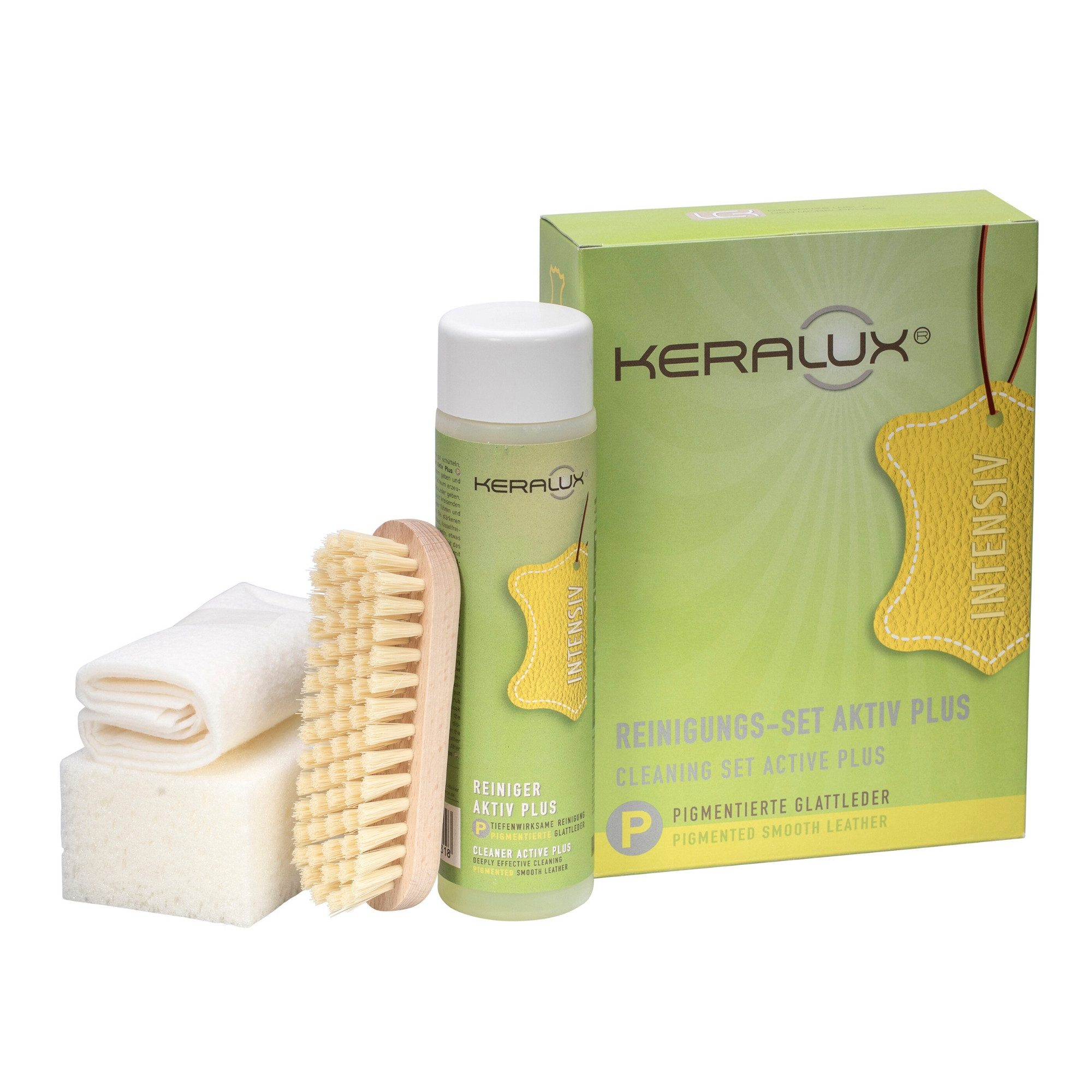 LCK KERALUX® Reinigungs-Set Aktiv Plus P Lederreiniger (Set für pigmentierte Glattleder, Semi-Anilin, Longlife, 4-tlg., [- 200ml Lederreiniger für pigmentierte Glattleder)