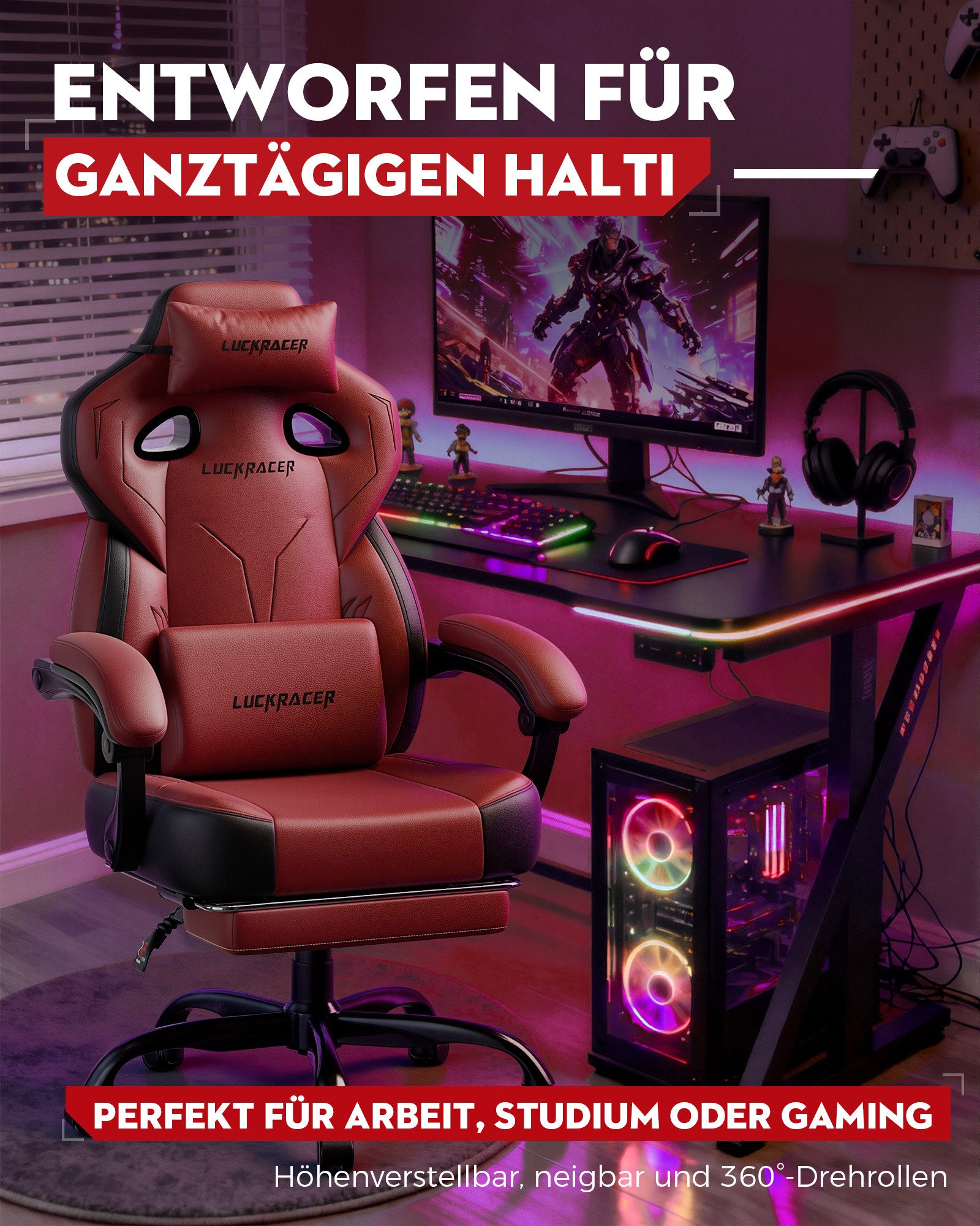 LUCKRACER Gaming-Stuhl Stoff/Kunstleder, Bürostuhl mit verbundenen Armlehnen, Memory-Schaum, 90–155° Neigungswinkel und Fußstütze