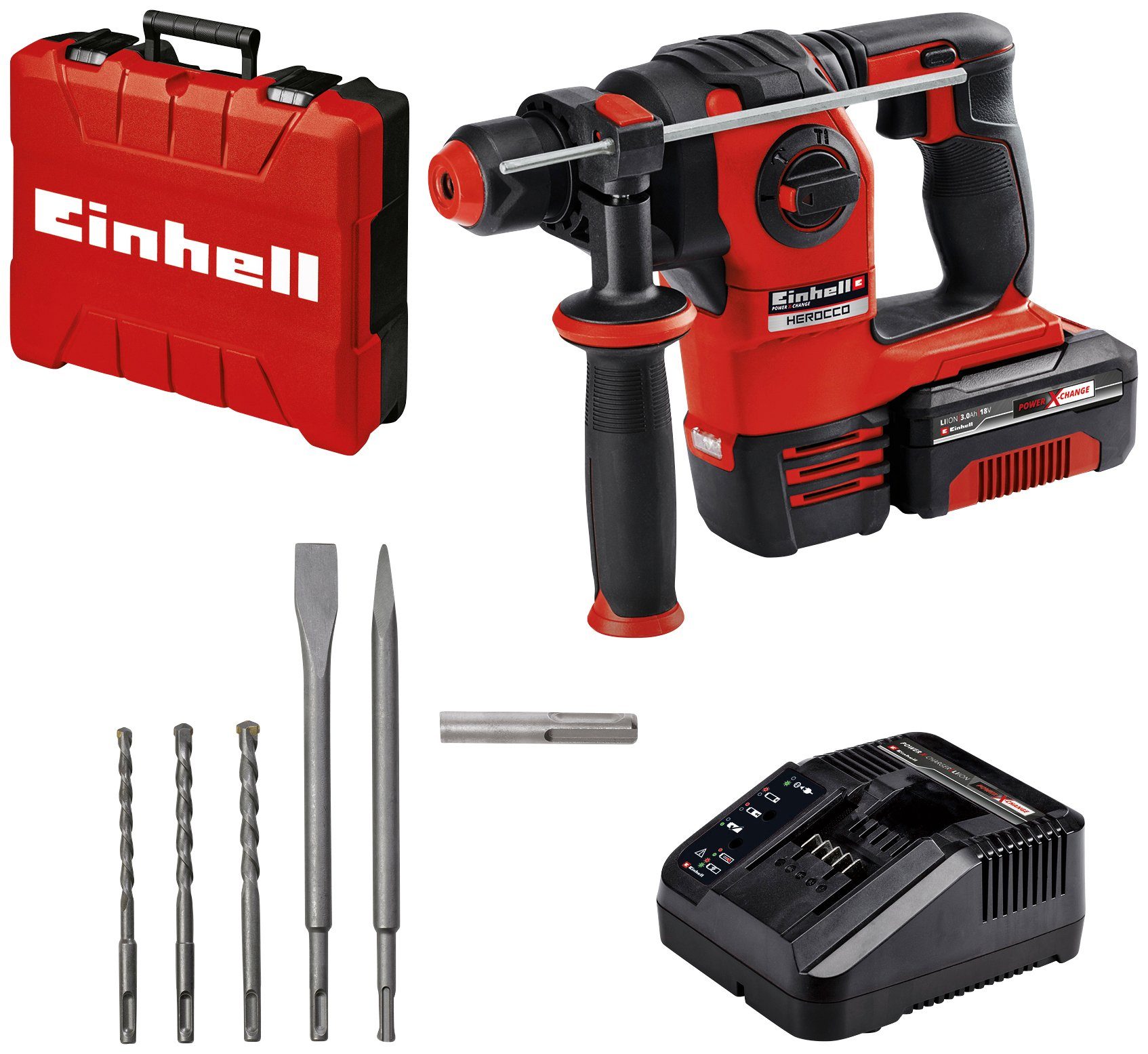 preisgesenkt Einhell Akku-Bohrhammer HEROCCO Inkl. Meißel 18V/3Ah, +5, Bit- Adapter, Ladegerät, Kit Akku Bohrer