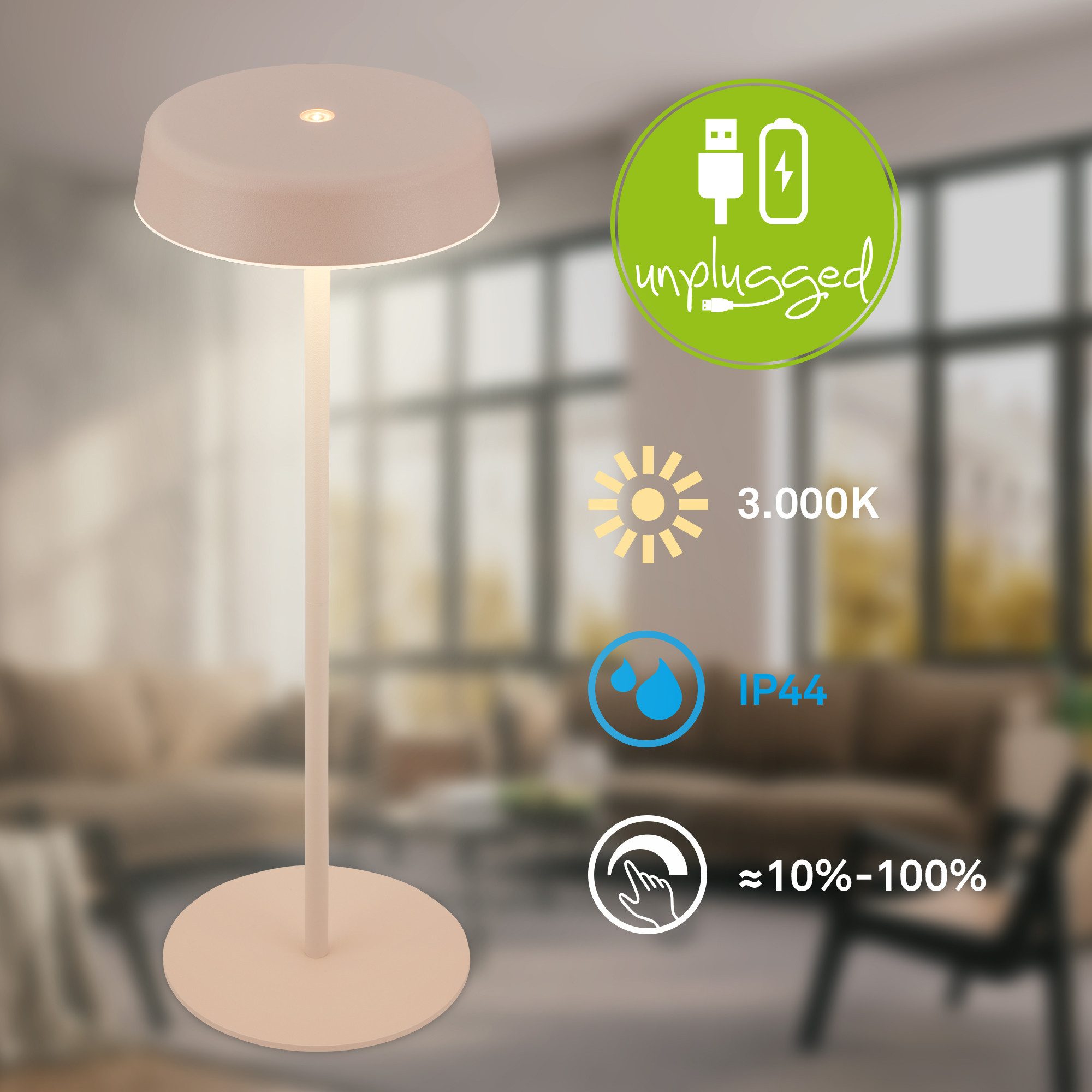 Briloner Leuchten LED Tischleuchte Kabellos Stufenlos dimmbar Touchfunktion Warmweiß, LED fest integriert
