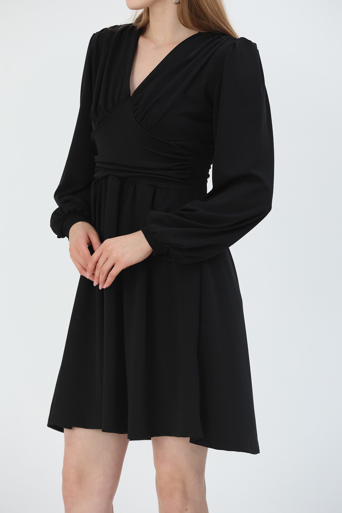 WOMAN VISION Minikleid V-Ausschnitt, langärmeliges ausgestelltes Kleid