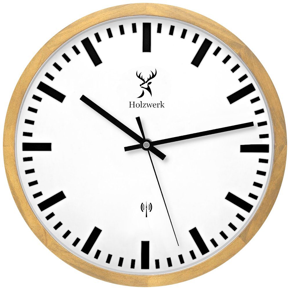 Holzwerk Funkwanduhr Bahnhofs Funk Holz Wand Uhr, braun, beige weiß (Nahezu lautloses Uhrwerk, analog, 30 cm)