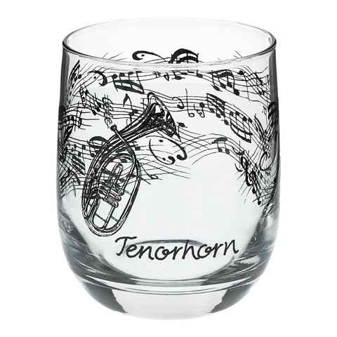 Musikboutique Glas, Trinkgefäß, bedruckt mit Tenorhorn-Motiv