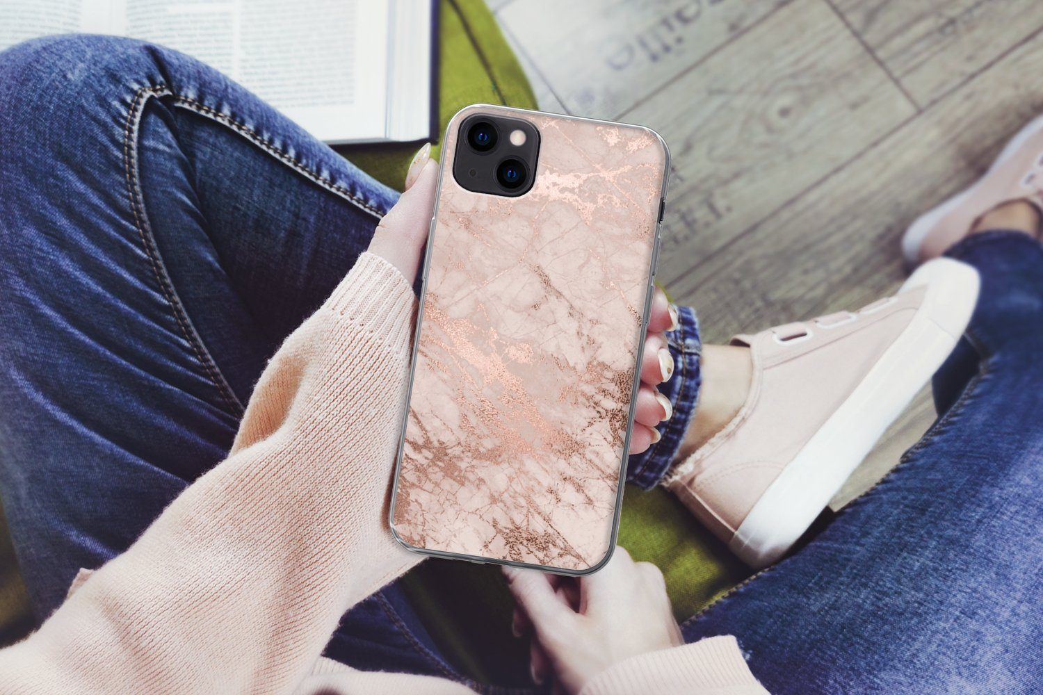 MuchoWow Handyhülle für Apple iPhone 13 mini Marmor - Rosa - Luxus - Marmoroptik - Glitzer, Smartphone-Bumper, Print, Handy Schutzhülle Dünn