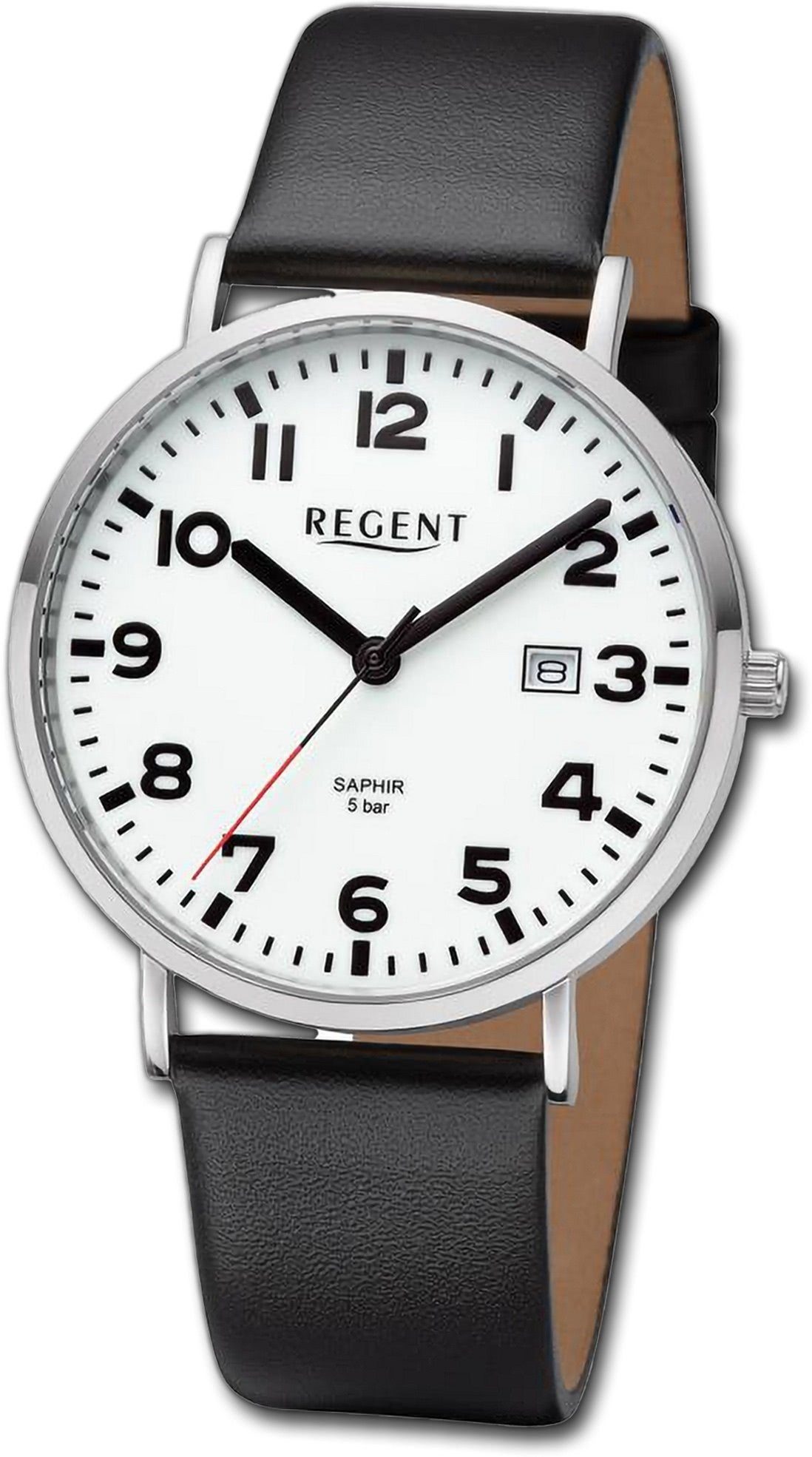 Regent Quarzuhr Regent Herren Armbanduhr Analog, Herrenuhr Lederarmband schwarz, rundes Gehäuse, groß (ca. 39,3mm)