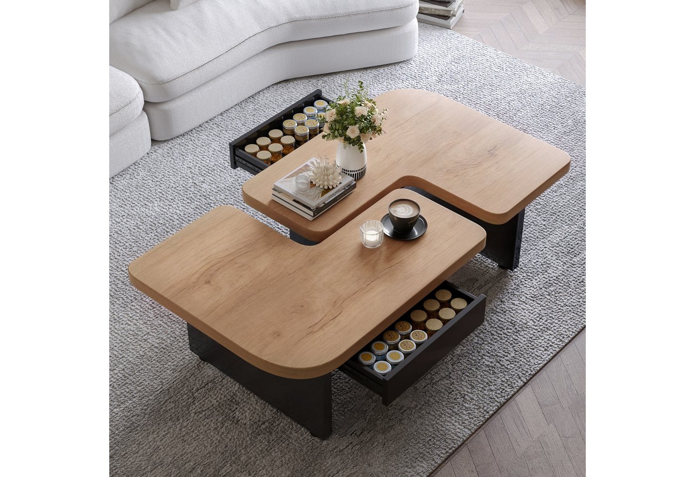 Yorbay Couchtisch 2er Set mit LED-Beleuchtung, Beistelltisch,2 Schubladen, abgerundete Ecken, für Wohnzimmer, Schlafzimmer