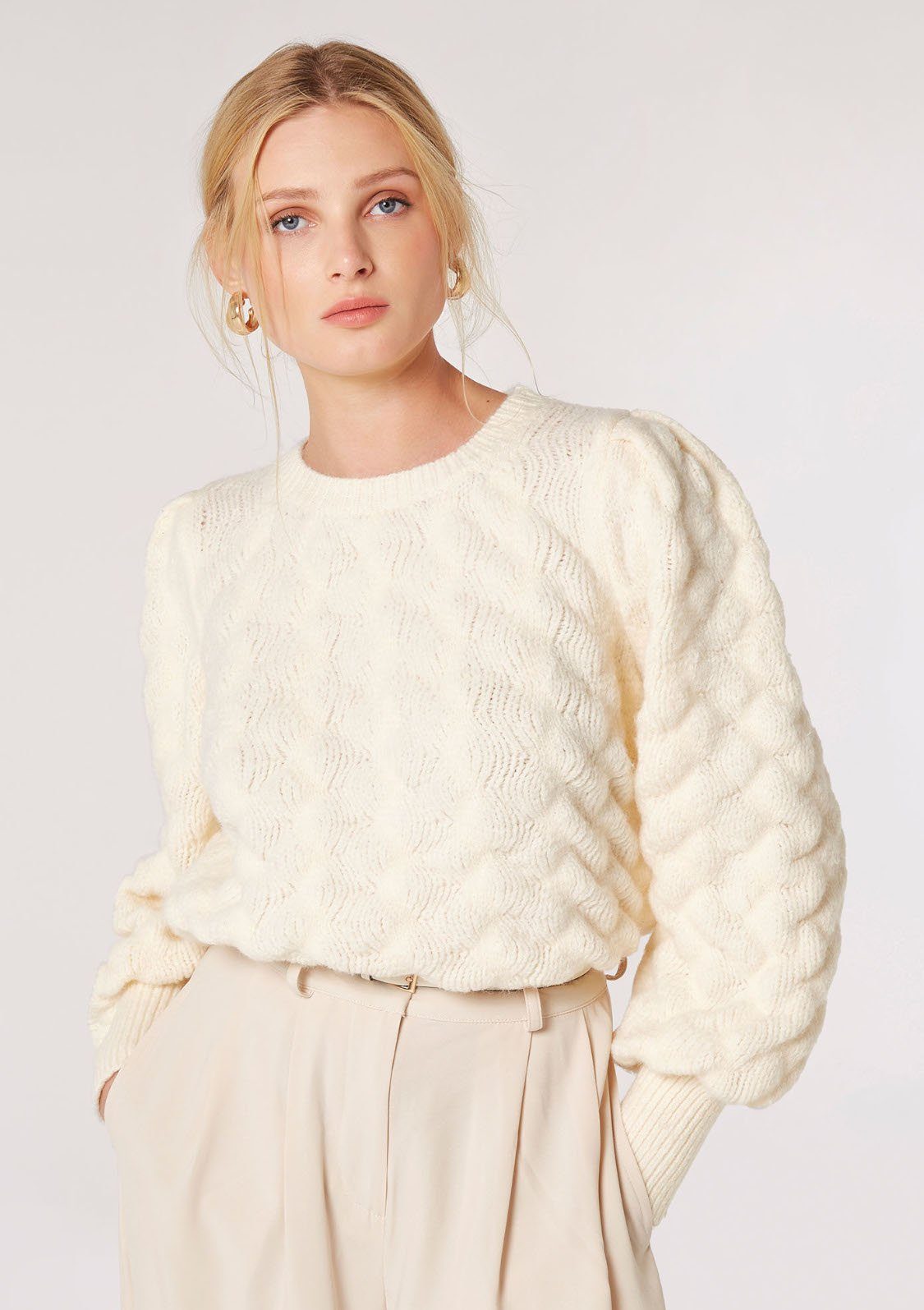 Jumper Sleeve Pleat mit Strukturmuster cream Apricot Bubble Strickpullover (1-tlg)