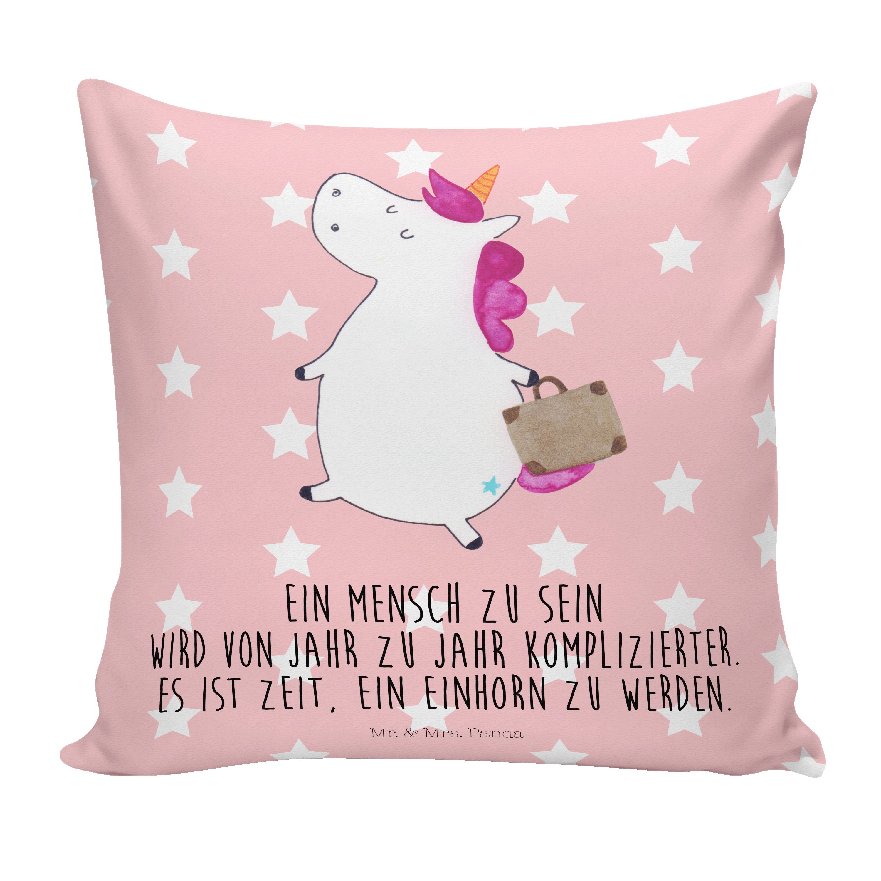 Mr. & Mrs. Panda Dekokissen Einhorn Koffer - Rot Pastell - Geschenk, Unicorn, Gepäck, Erwachsen | Dekokissen