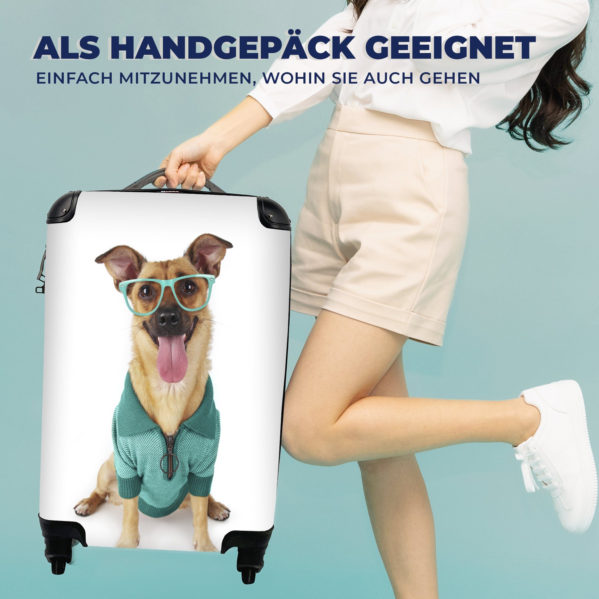 MuchoWow Handgepäckkoffer Reisetasche - 4 Brille Hemd Reisekoffer Trolley, Rollen, mit Hipster, - Ferien, Handgepäck rollen, für - Hund