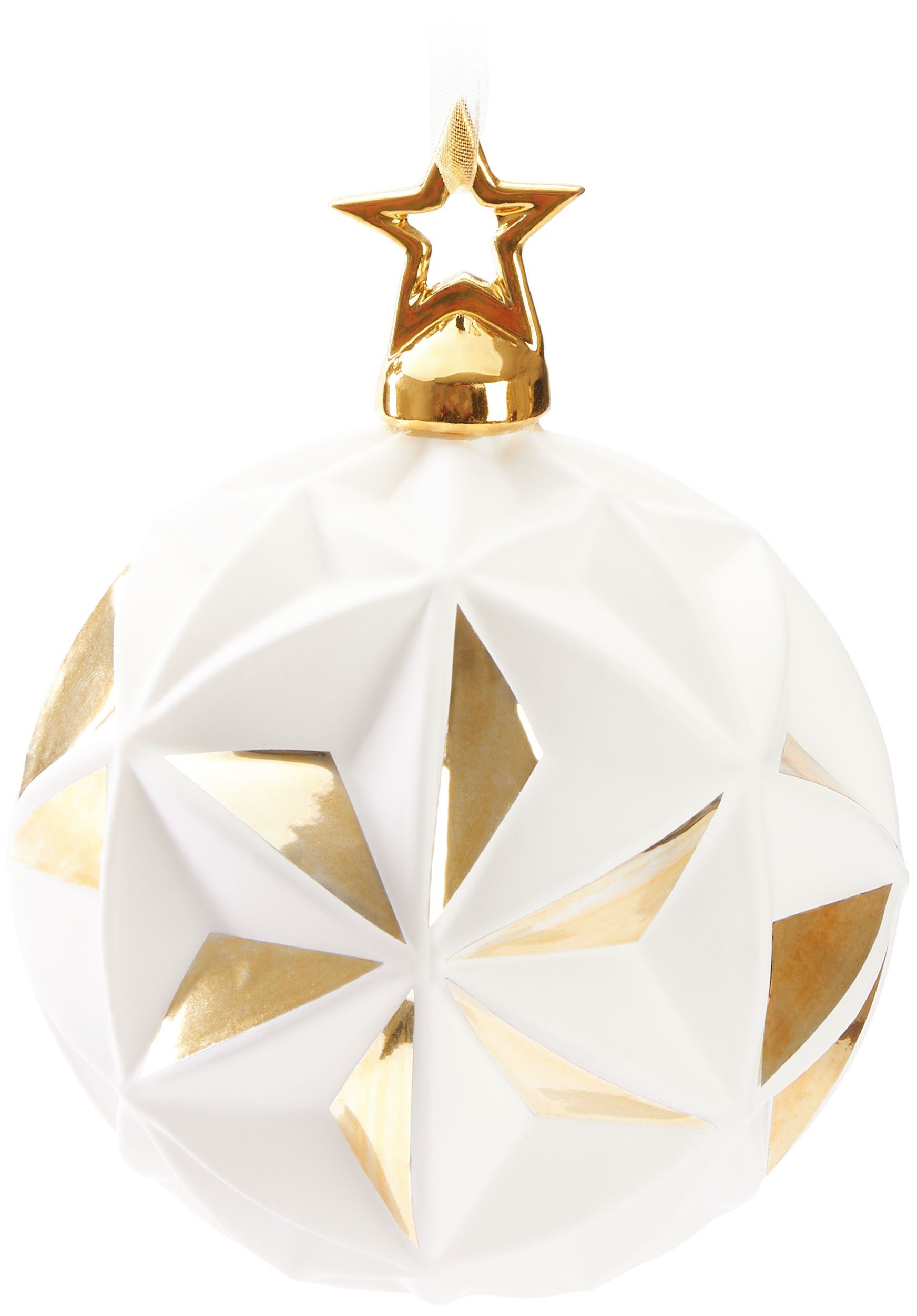 BRUBAKER Weihnachtsbaumkugel Premium Weihnachtskugel Stern Weiß Gold mit 3D Oberfläche (1 St), 10 cm Weihnachtsbaumkugel - Weihnachtsdekoration | Weihnachtskugeln