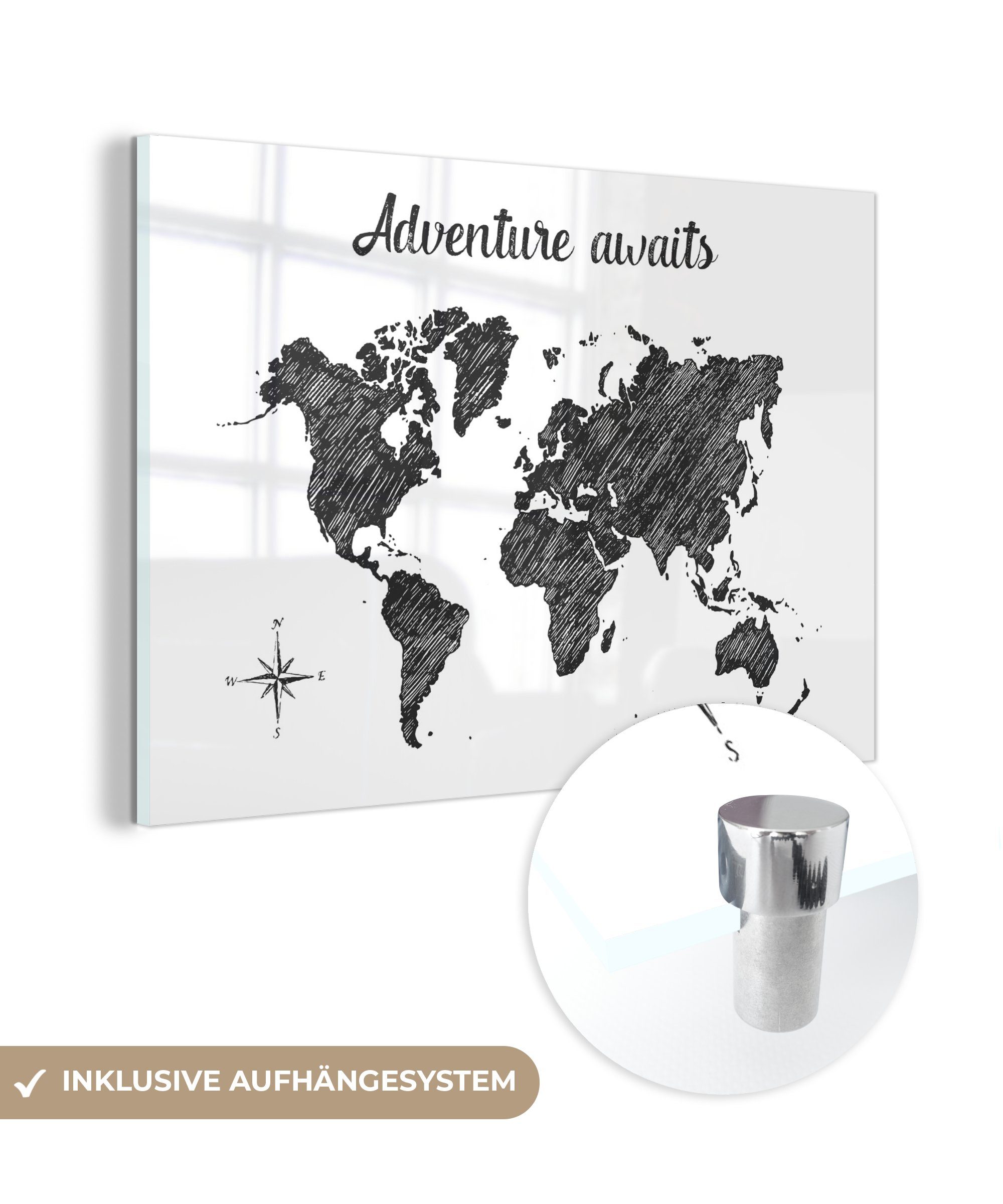 MuchoWow Acrylglasbild Weltkarte - Zitat - Das Abenteuer wartet, (1 St), Glasbilder - Bilder auf Glas Wandbild - Foto auf Glas - Wanddekoration