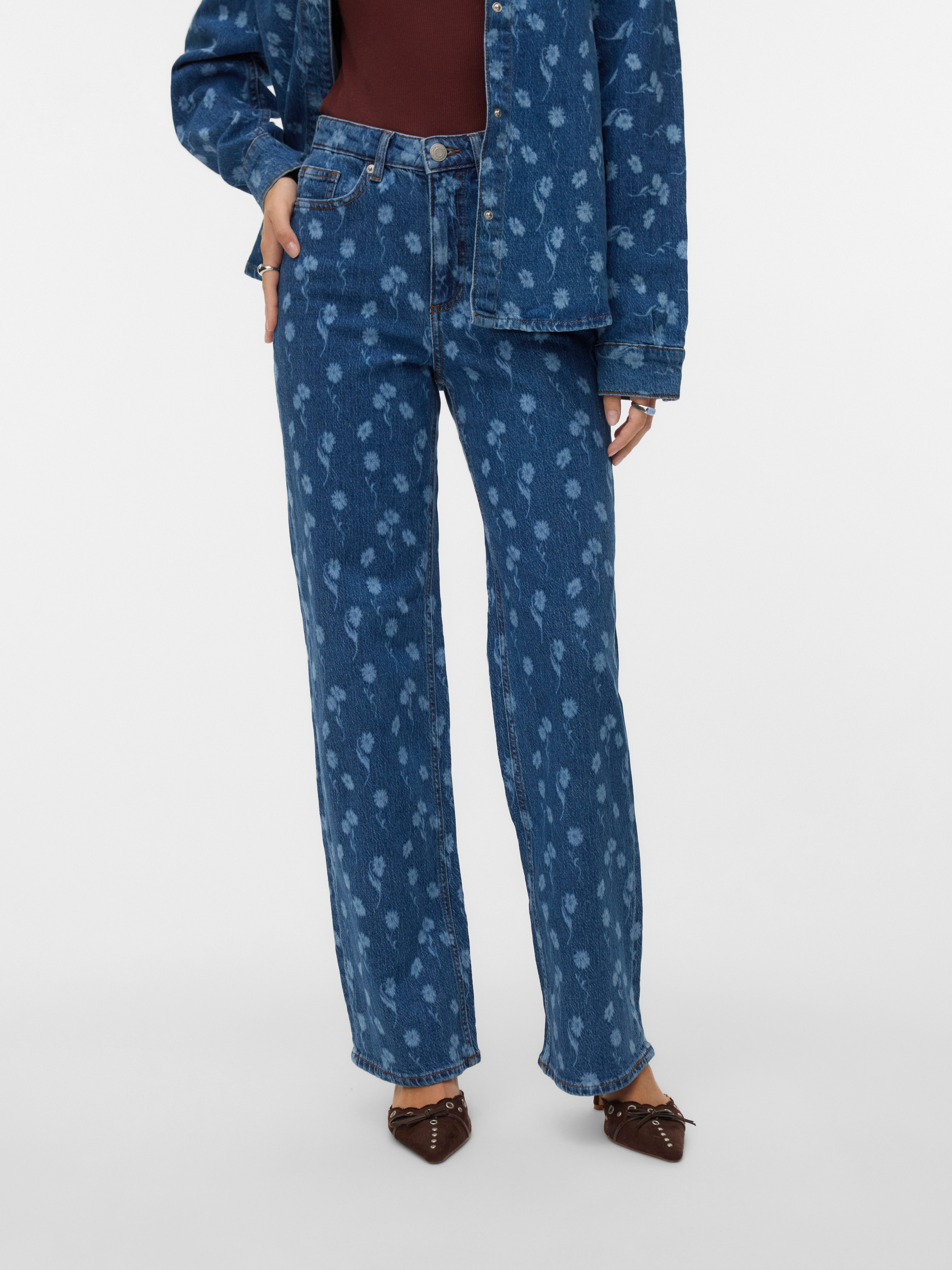 Vero Moda Straight-Jeans VMTESSA HR WIDE FLOWER DENIM JEANS RA380 mit Blumenmuster
