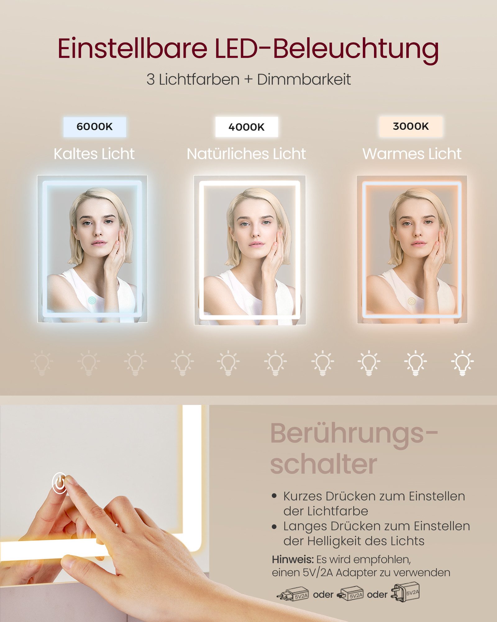 VASAGLE Schminktisch Kosmetiktisch mit LED-Beleuchtung, 3 Lichtfarben, mit verstellbaren Ablagen, modern, mit Spiegel, Kosmetiktisch – Bild 5 von 5