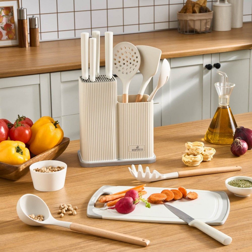 Messer-Set Karaca Massimo Messer, Servierbesteck und Schneidebrett-Set, Creme