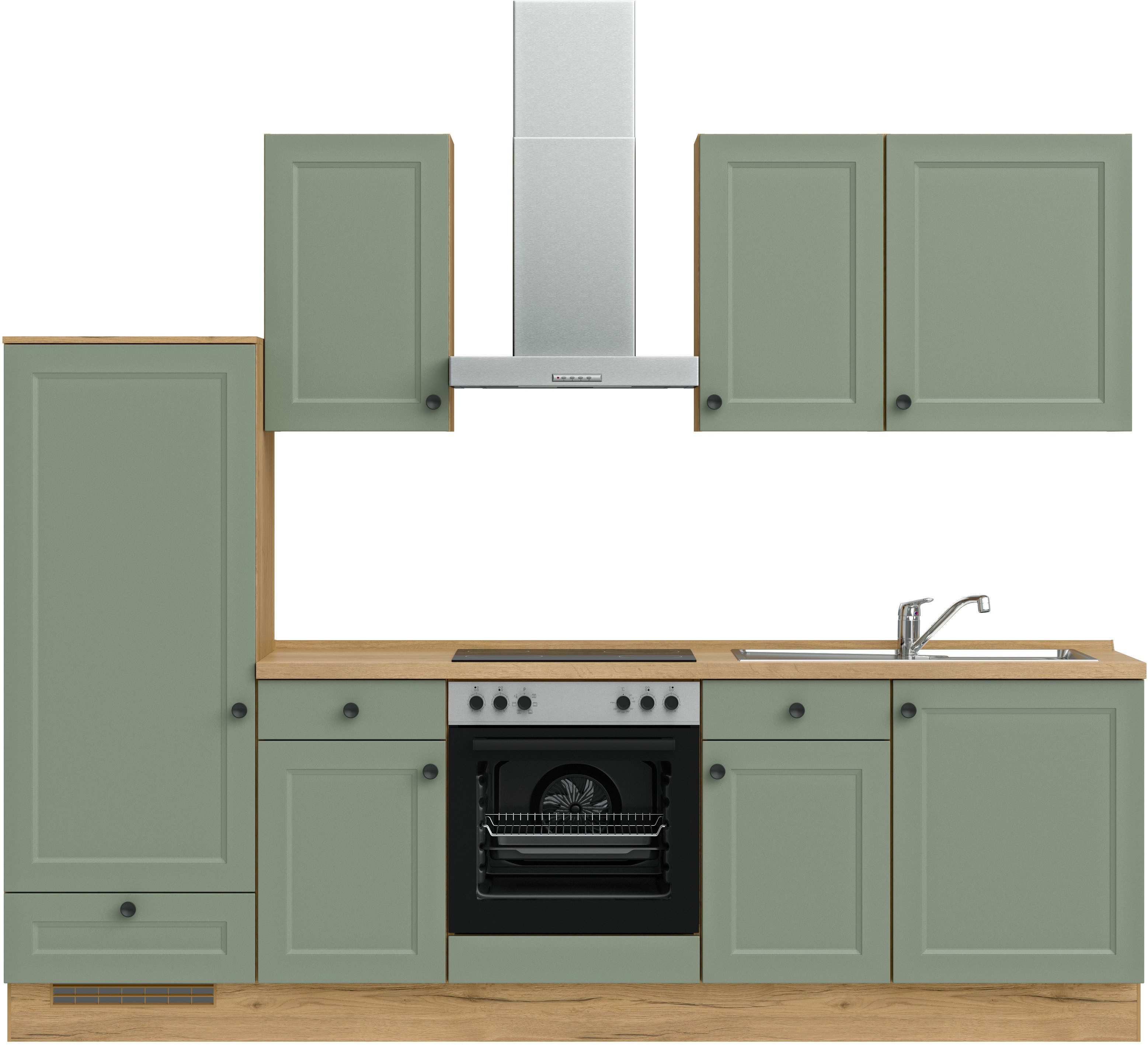 Front: Lacklaminat schilffarben | Korpus: Lacklaminat schilffarben | Arbeitsplatte: Eiche Sierra Nachbildung