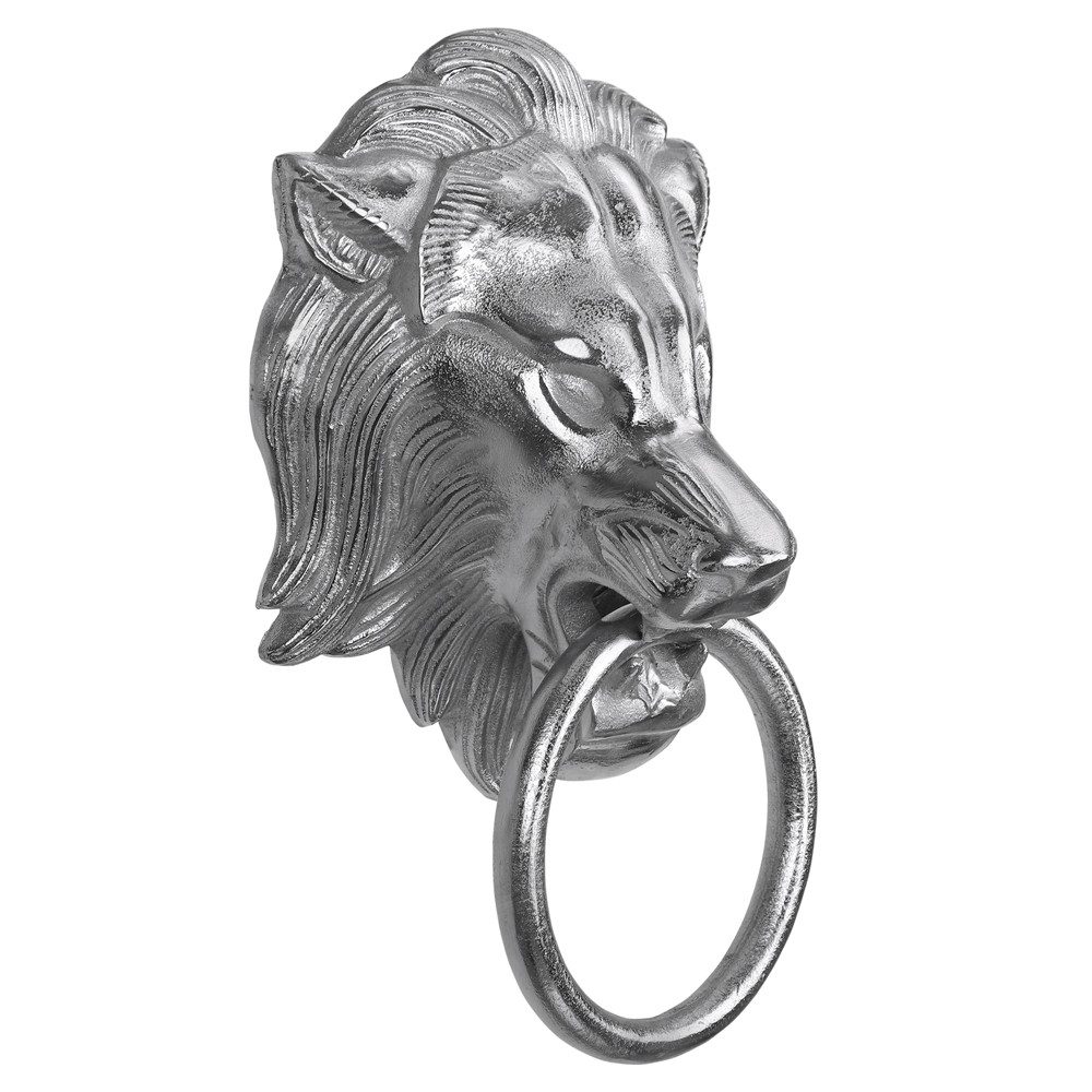WOMO-DESIGN Handtuchhalter Designer Löwenkopf Handtuchring Türklopfer Löwe Lion Wandfigur, Aluminium vernickelt Unikat Silber 10x31cm