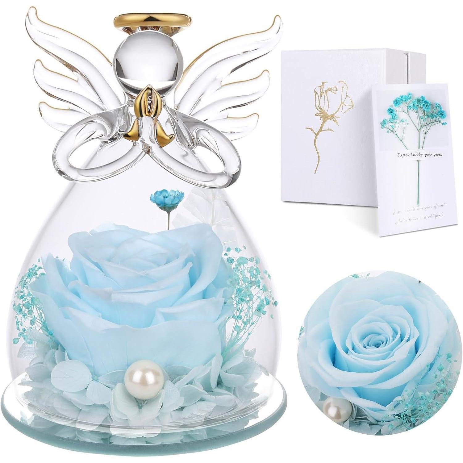Trockenblume Geschenk Ewige Rose Glaskuppel Engelsfigur Muttertag Hellblau, LuxusKollektion