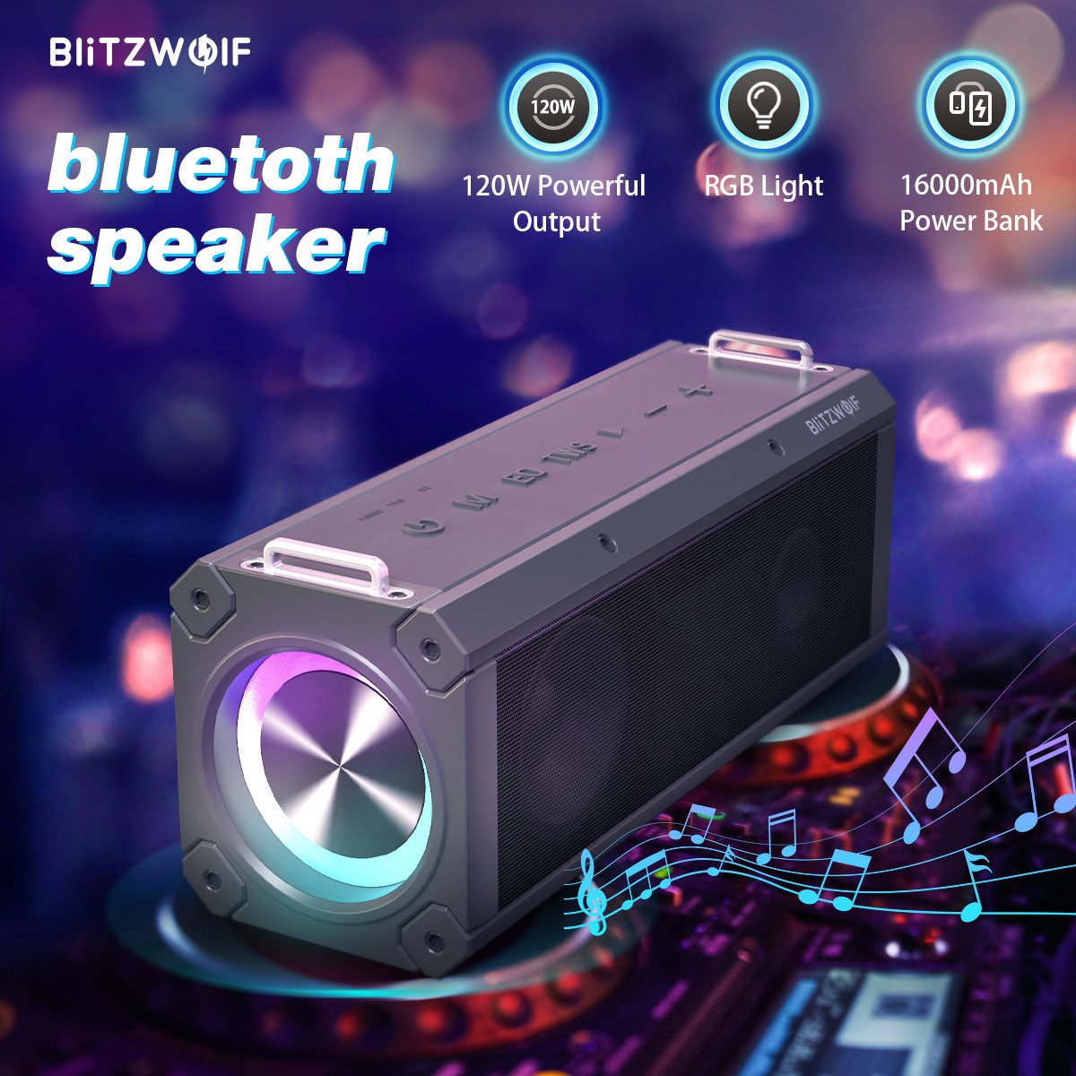 BLiTZWOLF Bluetooth-Lautsprecher (120W Bluetooth-Lautsprecher mit RGB Licht, 16000mAh Powerbank)