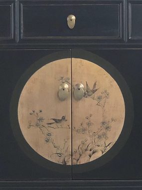 OPIUM OUTLET Kommode Asia Schrank Sideboard orientalisch chinesisch (komplett montiert), Vintage-Stil, Schwarz-Beige, asiatisch