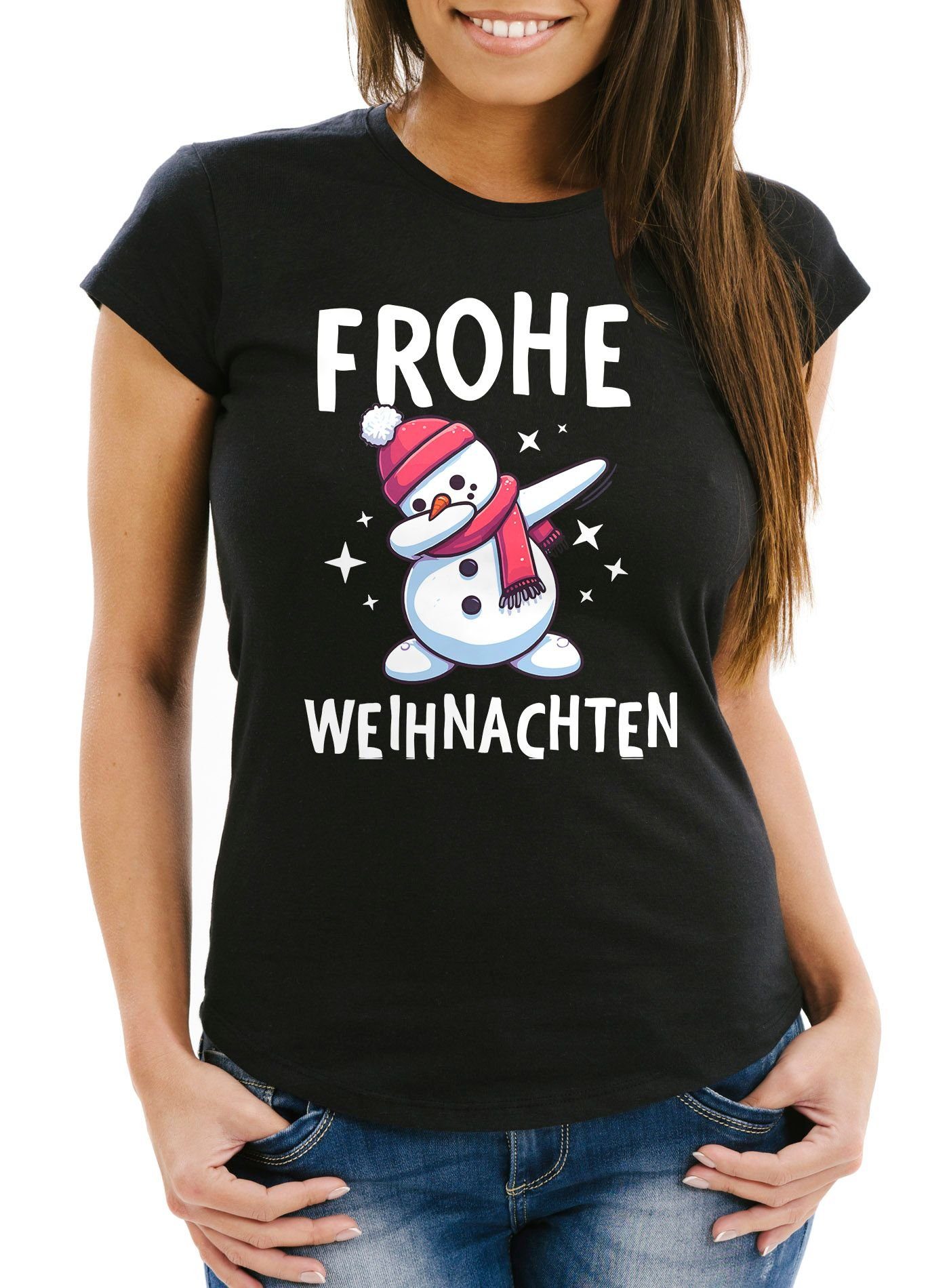 Schneemann Frohe Print Lustig mit schwarz Dabbing MoonWorks Weihnac Weihnachten Weihnachtsshirt Damen Print-Shirt Dab T-Shirt