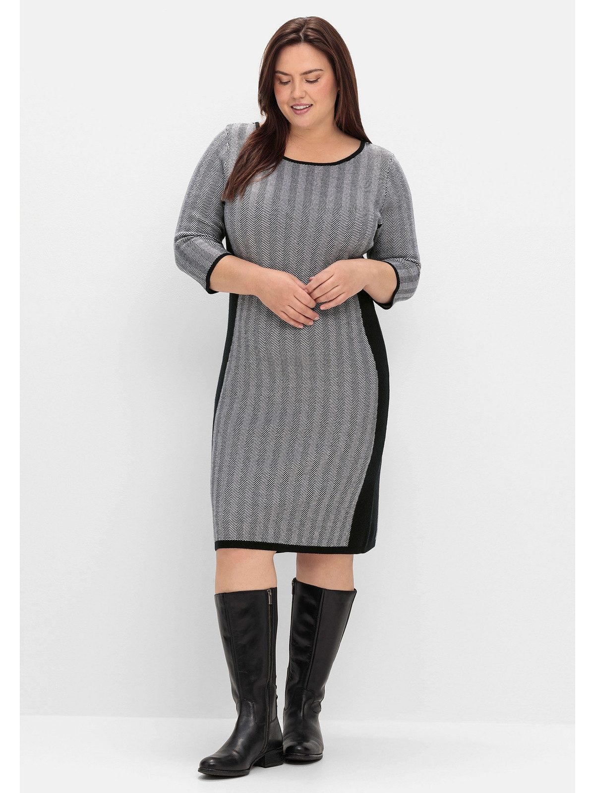 Sheego Strickkleid Große Größen im Fischgrätmuster, mit Kontrastdetails