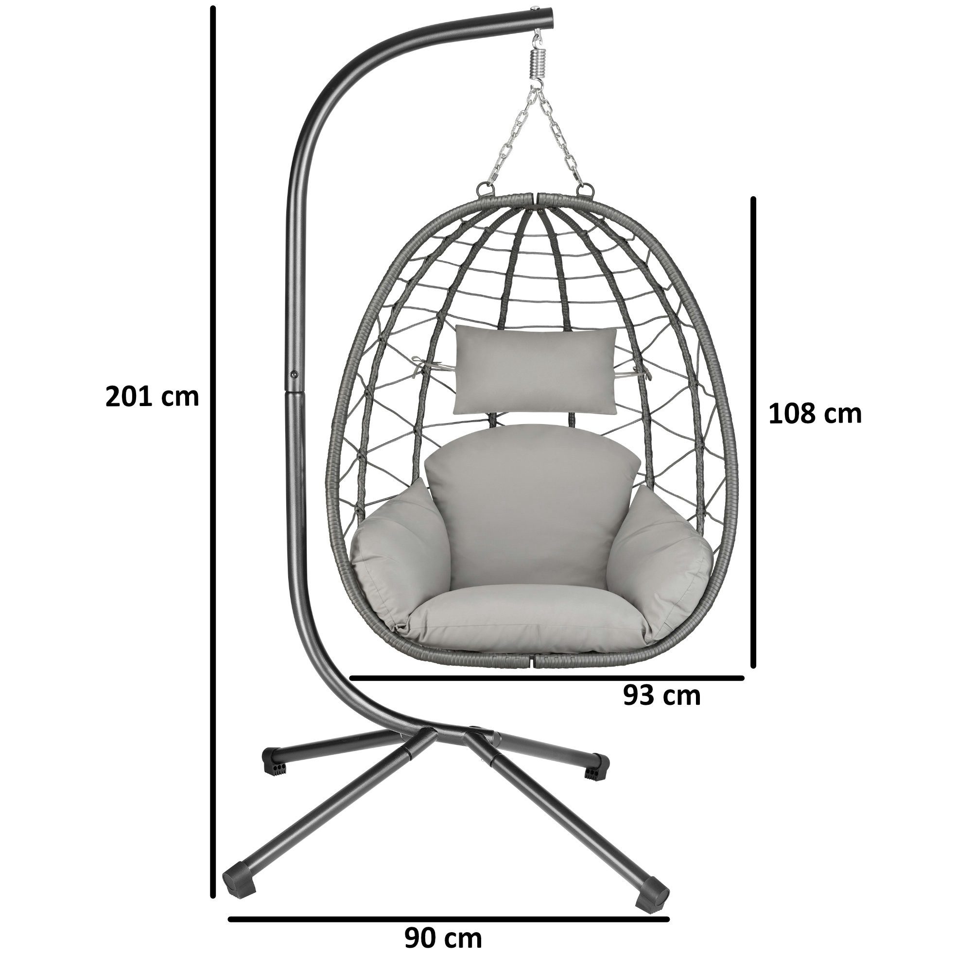 HinHocker Hängesessel Hängesessel mit Gestell, Grau, Hängeschaukel für Indoor und Outdoor (Hängesessel bestehend aus Korb und Gestell, Sitzpolster, Kissen), faltbar