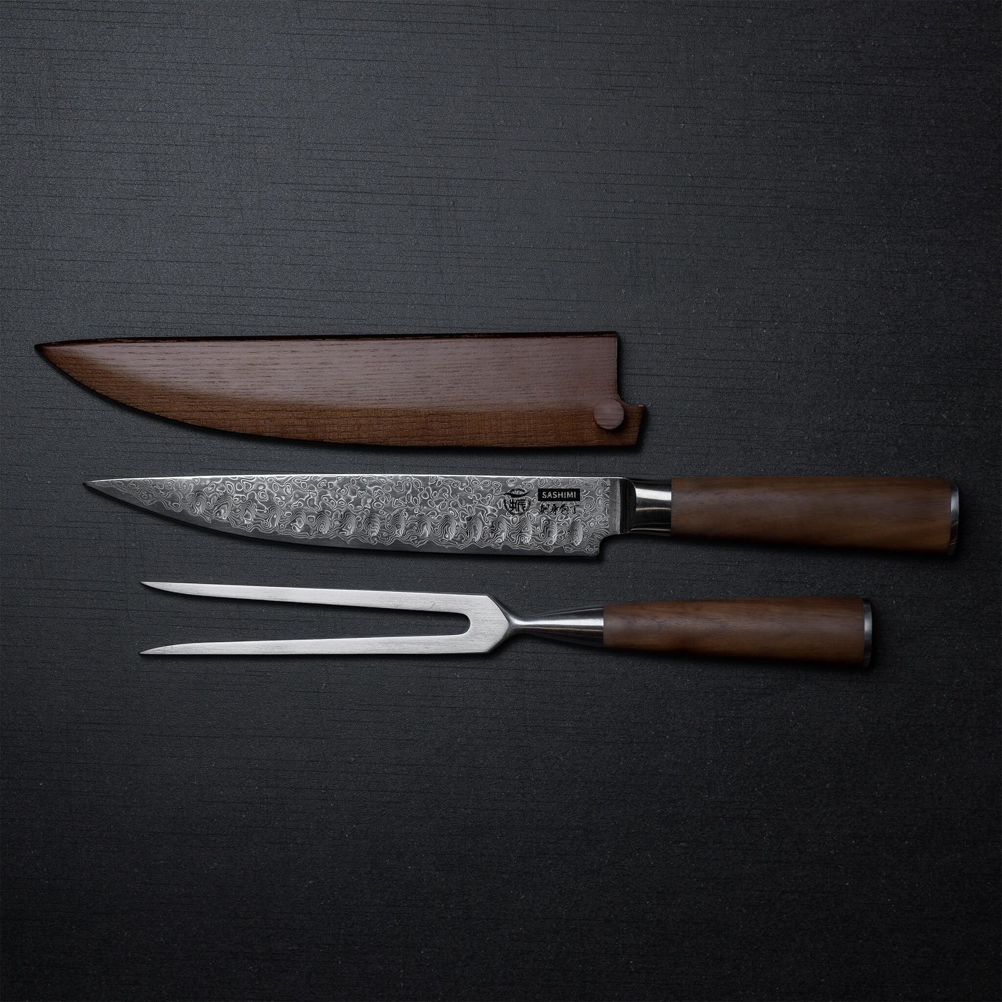 HITOFURI® Damastmesser HITOFURI® KOBE SET Damaskusmesser Premium Fleischgabel Messer 73Lag., inkl. einer edlen Holzbox, Messerscheide, Pflegetuch sowie Pflegeöl