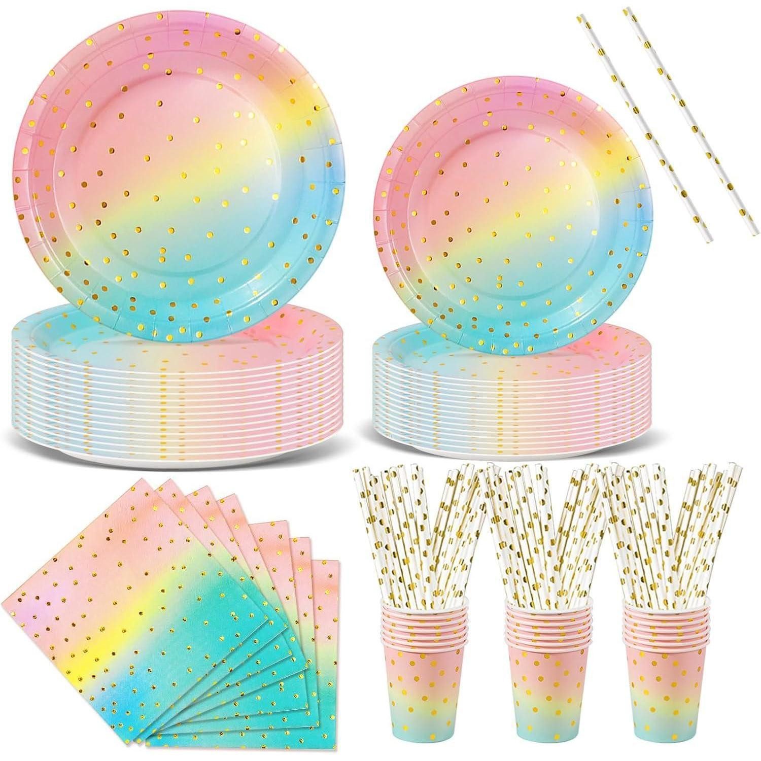 LuxusKollektion Pappteller Partygeschirr 120 Stück Pappteller Gabeln Servietten Set Regenbogen, (120 St)
