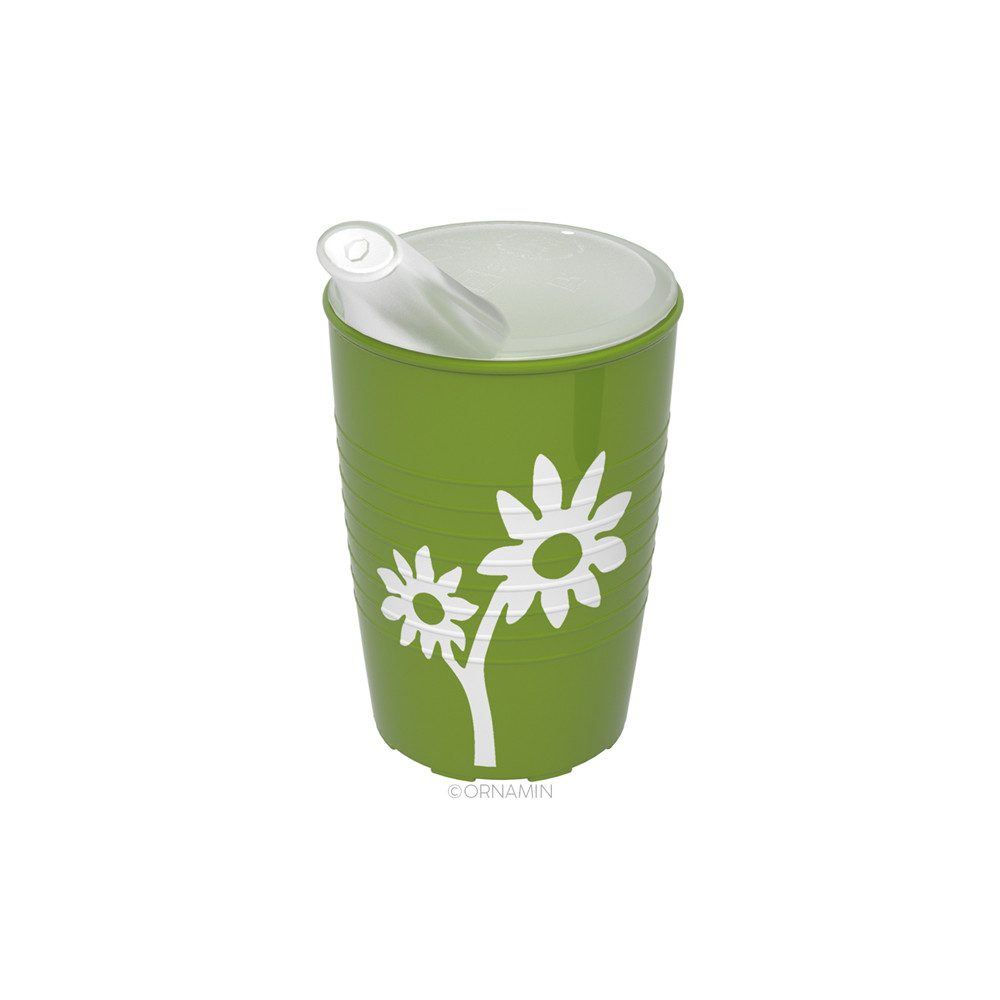 Ornamin Schnabelbecher mit Antirutsch-Trick Blume/Ringe mit Schnabelaufsatz/Trinkaufsatz, 1-tlg., SAN, Trinkhilfe l Alltagshilfe l Schnabeltasse l Made in Germany
