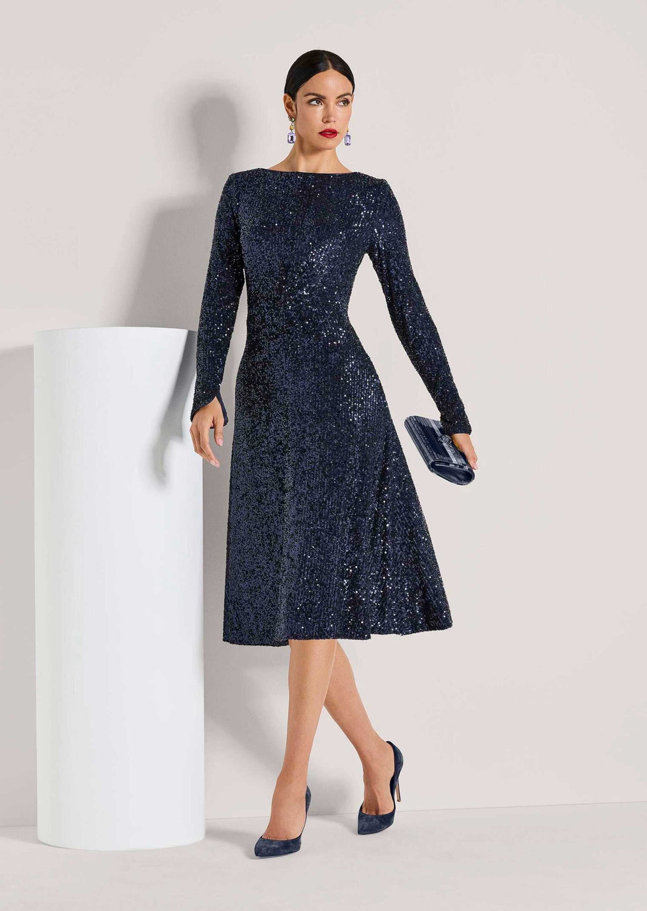 MADELEINE Midikleid Abendkleid mit Glanzeffekt Stilvolles Eventkleid mit U-Boot-Ausschnitt und Langarm