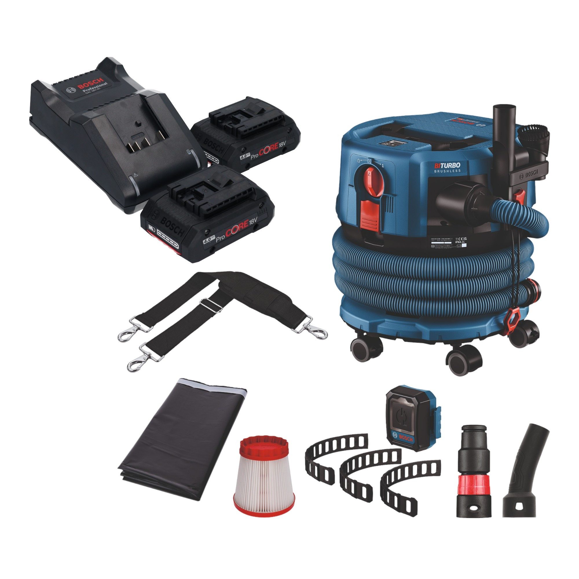 Bosch Professional Staubabsauger GAS 18V-12 MC BITURBO Brushless + 2x ProCore Akku 4,0 Ah + Lader