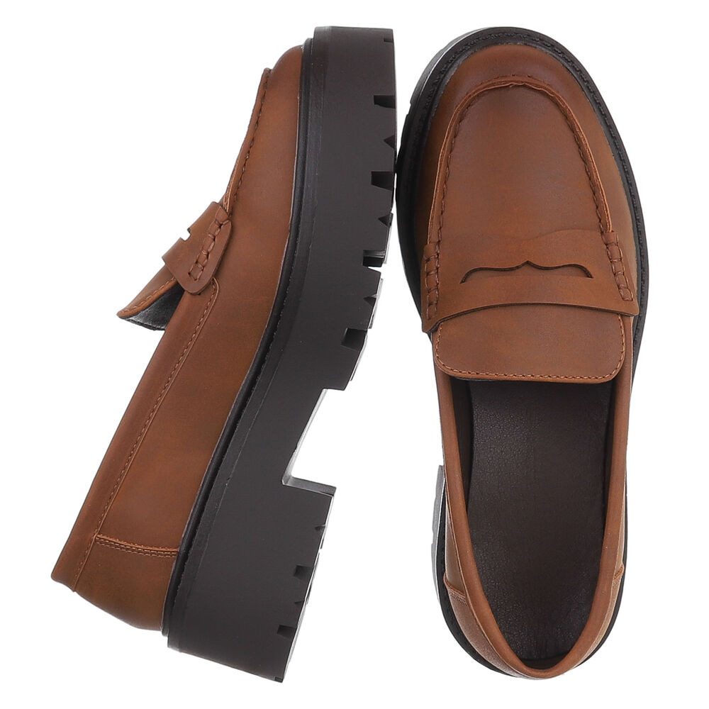 Ital-Design Elegante Plateau-Lederloafers für Damen im Alltag Slipper (91261550) Blockabsatz Mokassins in Camel