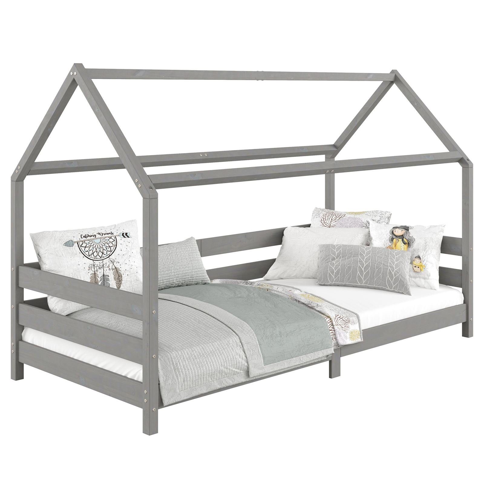 IDIMEX Kinderbett FINA, Hausbett Montessori Kinderbett Kiefer massiv 90 x 200 in grau