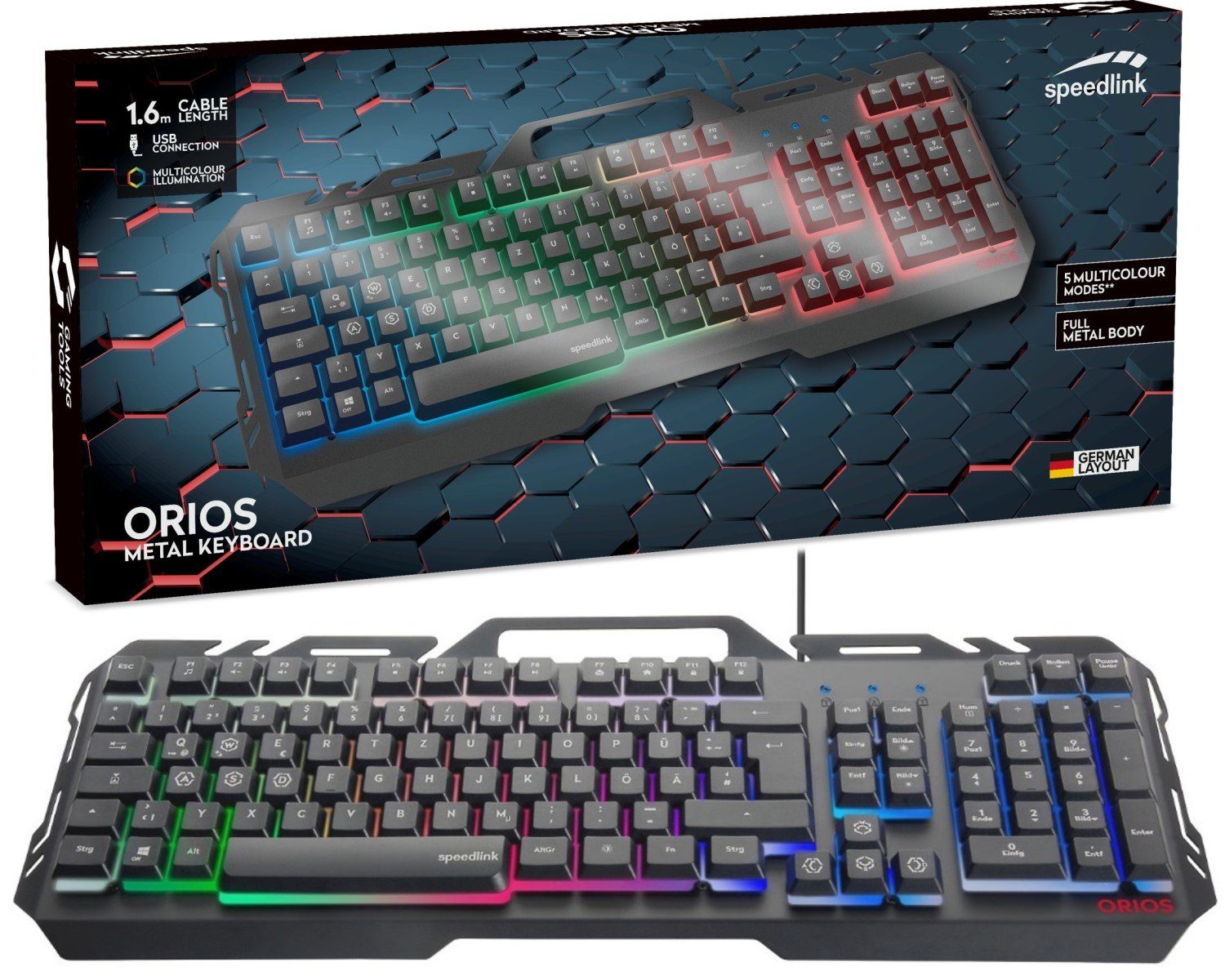 Speedlink ORIOS Metall USB Gaming Tastatur PC-Tastatur (RGB Beleuchtung, Gamer Keyboard, Smartphone-Halterung, Anti-Ghosting)