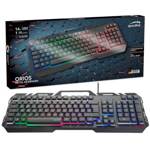 Speedlink ORIOS Metall USB Gaming Tastatur PC-Tastatur (RGB Beleuchtung, Gamer Keyboard, Smartphone-Halterung, Anti-Ghosting)