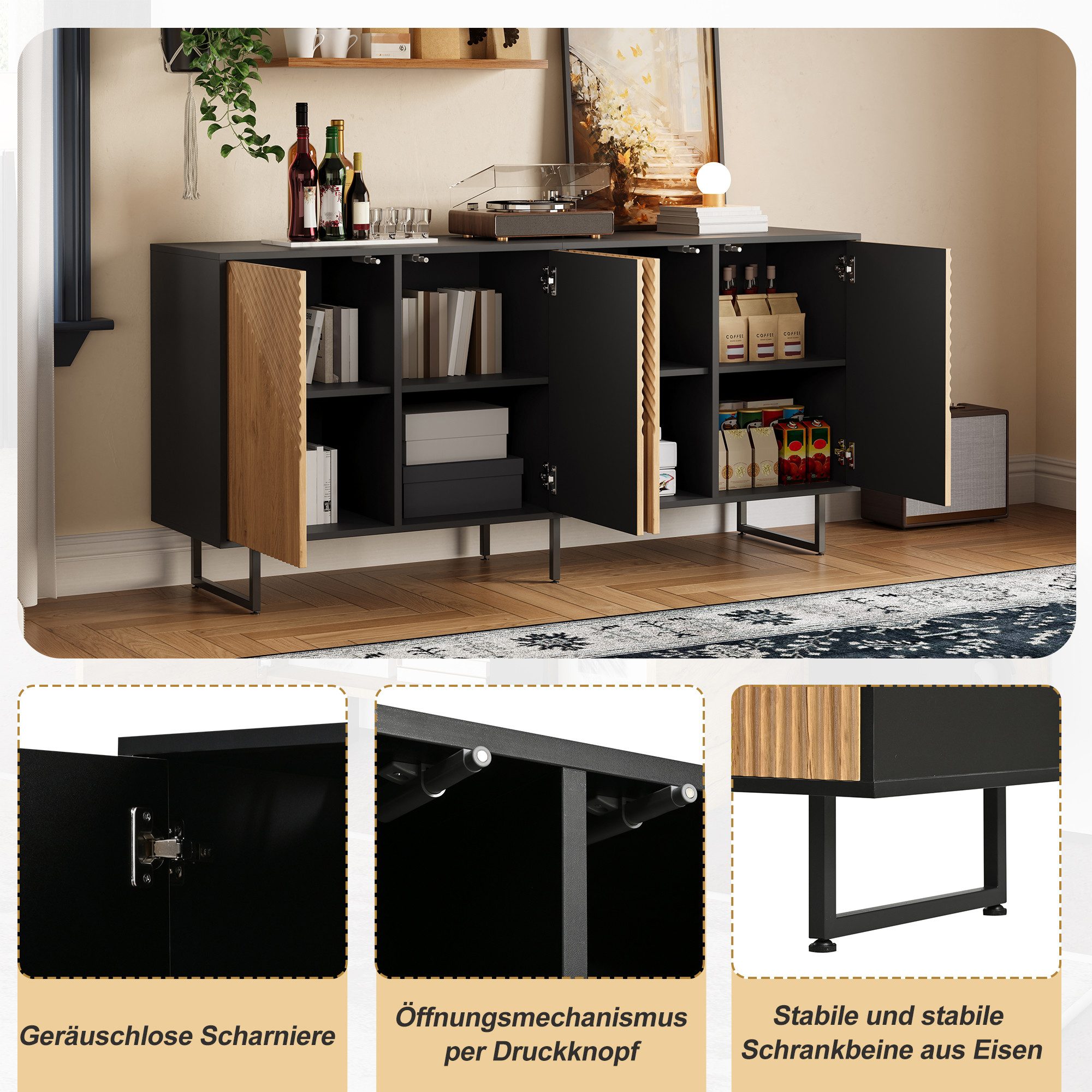 Merax Sideboard in Holzoptik & Schwarz (1 St), Wohnzimmerschrank mit 4 Türen, 8 Fächern und Metallbeinen, 160x40x75cm – Bild 5 von 5