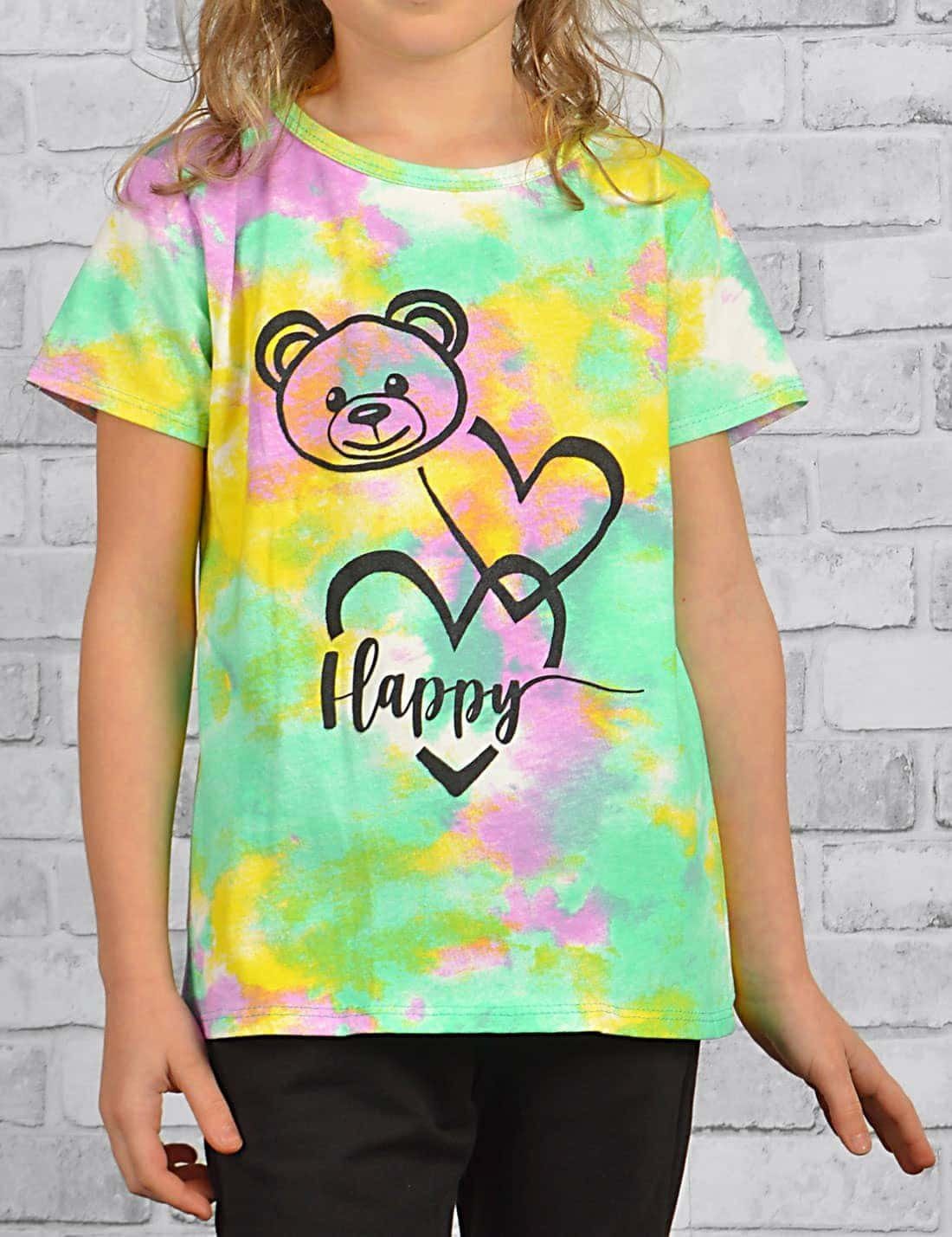 T-Shirt T-Shirt mit Bärchengesicht Print Batikdruck (1-tlg) Mädchen KMISSO Grün