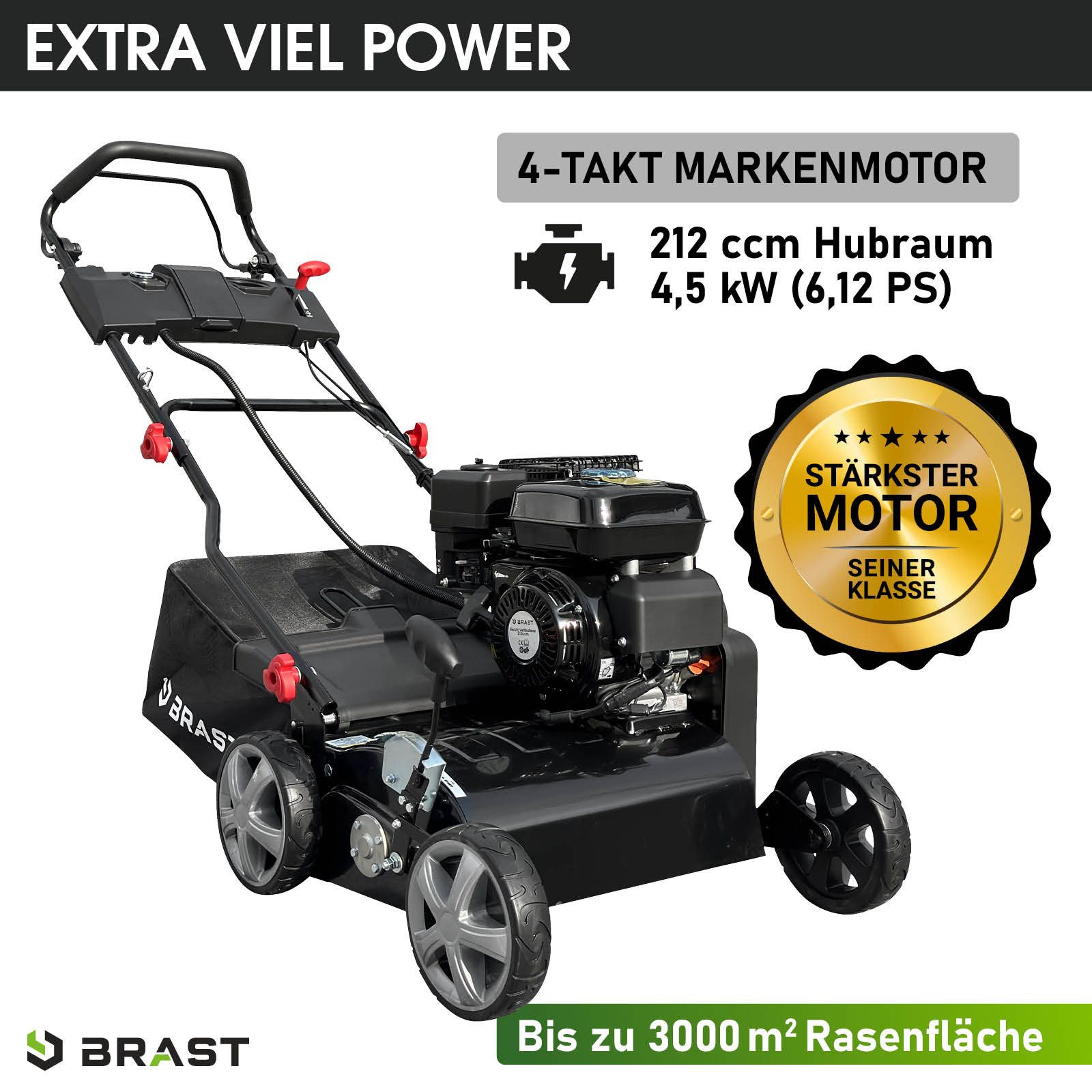 BRAST Benzin-Vertikutierer / Lüfter 4,5kW (6,12PS), 4-Takt Motor 212ccm, 45 cm Arbeitsbreite, (Elektro-Start-Funktion), TÜV geprüft, 50L Fangkorb