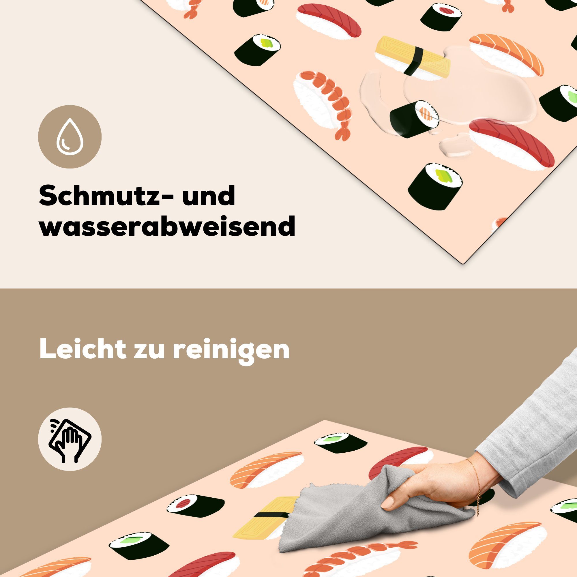 Arbeitsplatte hellrosa Sushi Hintergrund, (1 Vinyl, küche gegen Herdblende-/Abdeckplatte Ceranfeldabdeckung, für MuchoWow cm, 78x78 tlg), Illustration