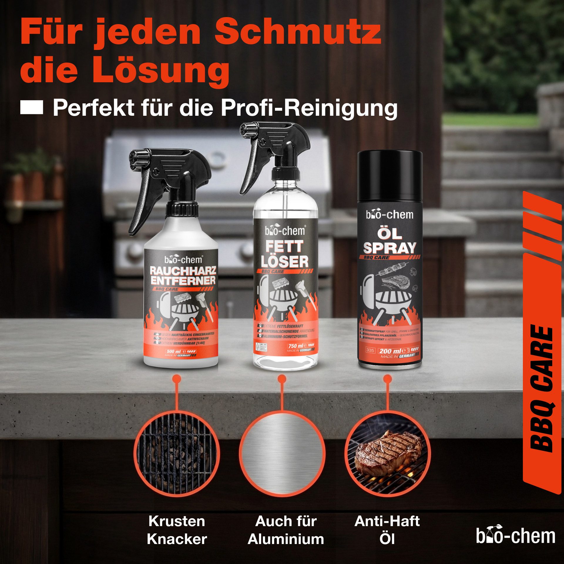 bio-chem Grill- & Backofen Reinigungsset – Reinigung + Pflege + Zubehör Grillreiniger (Sparpaket, [3-St. Grill- und Backofen PROFI-SET 5-teilig Praktisches Set: Grillreiniger, Fettlöser, Ölspray)