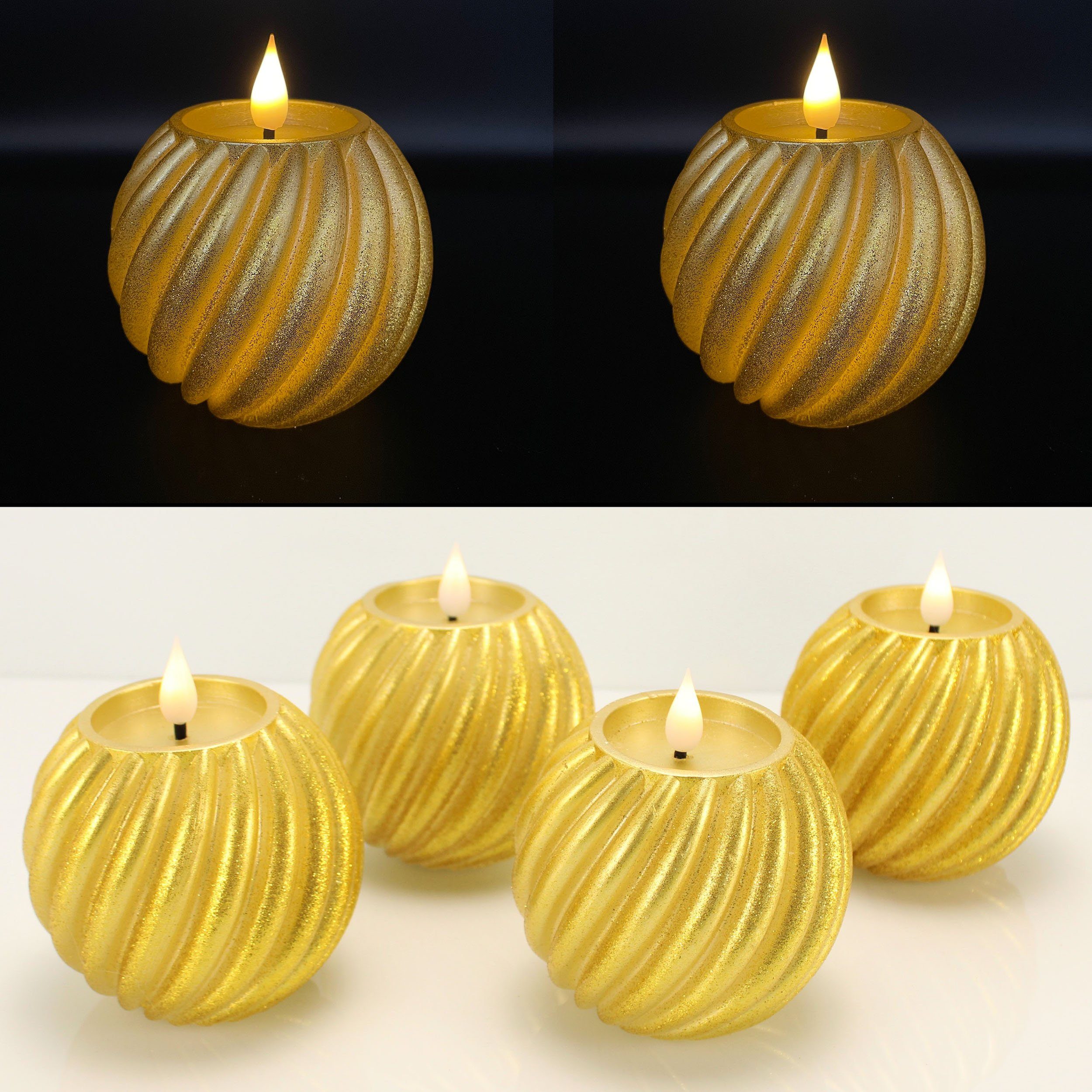 Online-Fuchs LED-Kerze 4er Set runde LED Kerzen aus Wachs mit Glitzer Fernbedienung (6-Stunden-Timer 3D-Twist-Design-Struktur, Farben wählbar (Gold oder Rot), Kugelförmig 10x9,5 cm, geschwungene Rillen-Optik, Glitzerüberzug