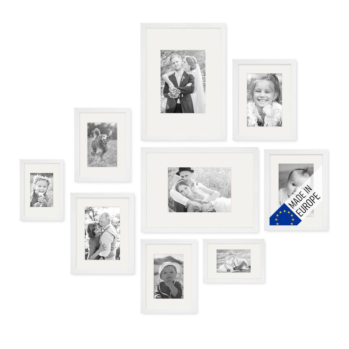 PHOTOLINI Bilderrahmen 9er Set Echtholz 10x15 bis 21x30 cm mit Passepartout, Acrylglas, für 9 Bilder (9er Set), für Portraits und Aufnahmen Ihrer schönsten Momente