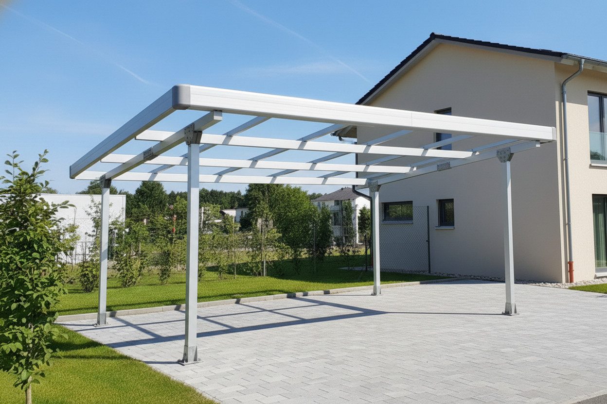 Home Feeling Doppelcarport Carport Gestell für 2 Autos mit Dachverkleidung & Regenrinne, Silber