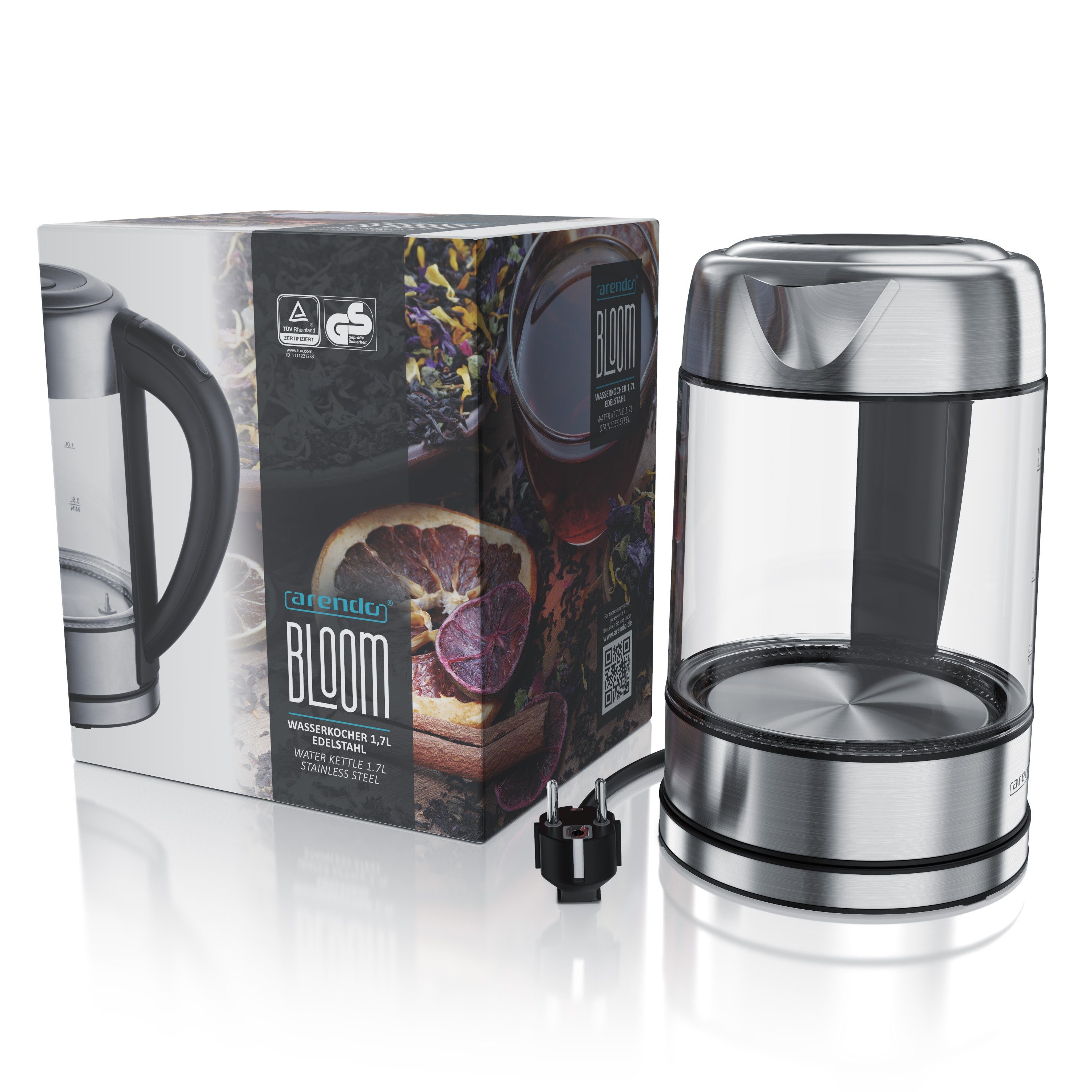 Arendo Wasserkocher aus Glas & Edelstahl, mit Temperatureinstellung, RGB Beleuchtung, 1,7 l, 2200 W, Glaskörper, Temperaturwahl 40-100°C, Aufkochfunktion Warmhaltefunktion
